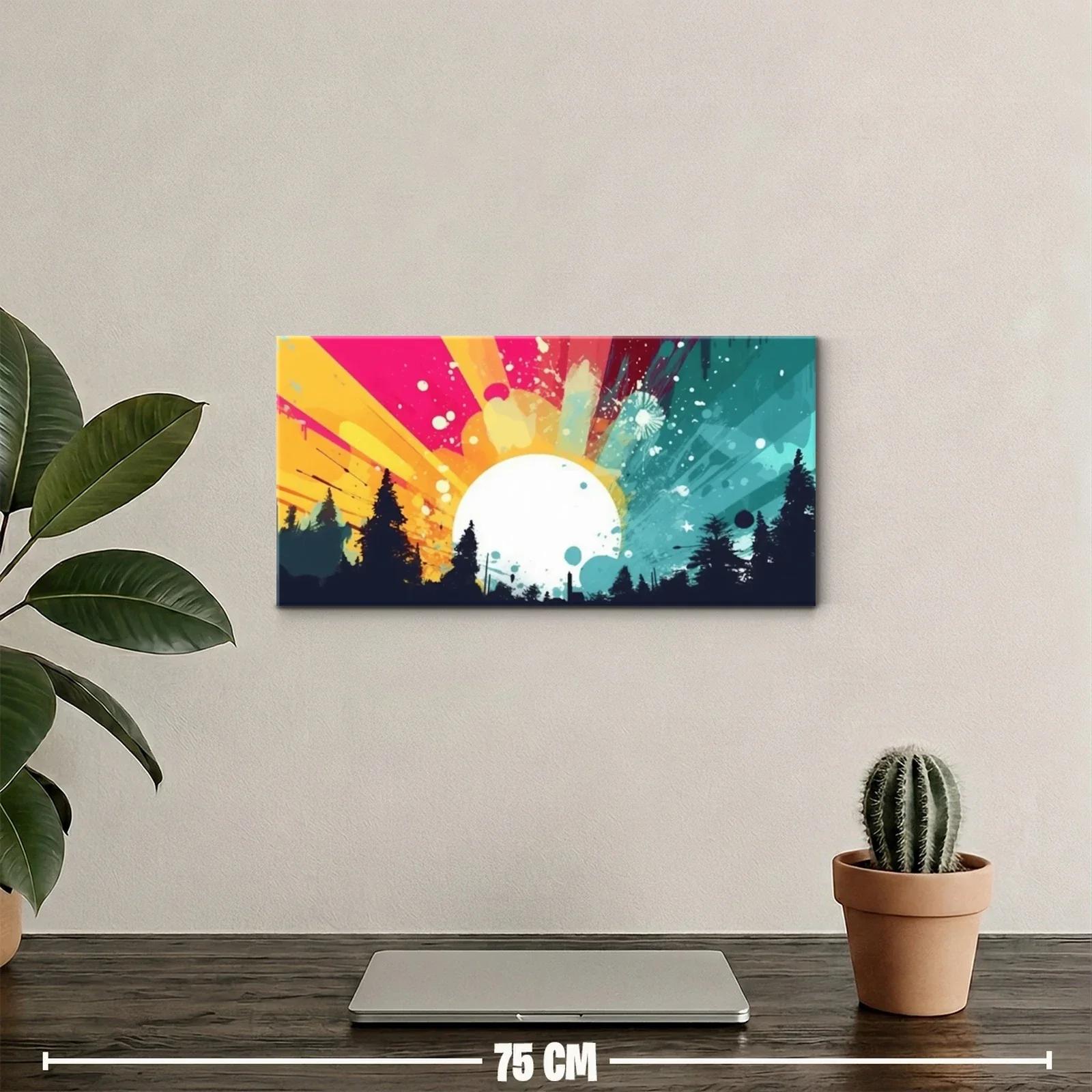 Cuadro sol brillante con bosque y líneas radiales — miniatura 2