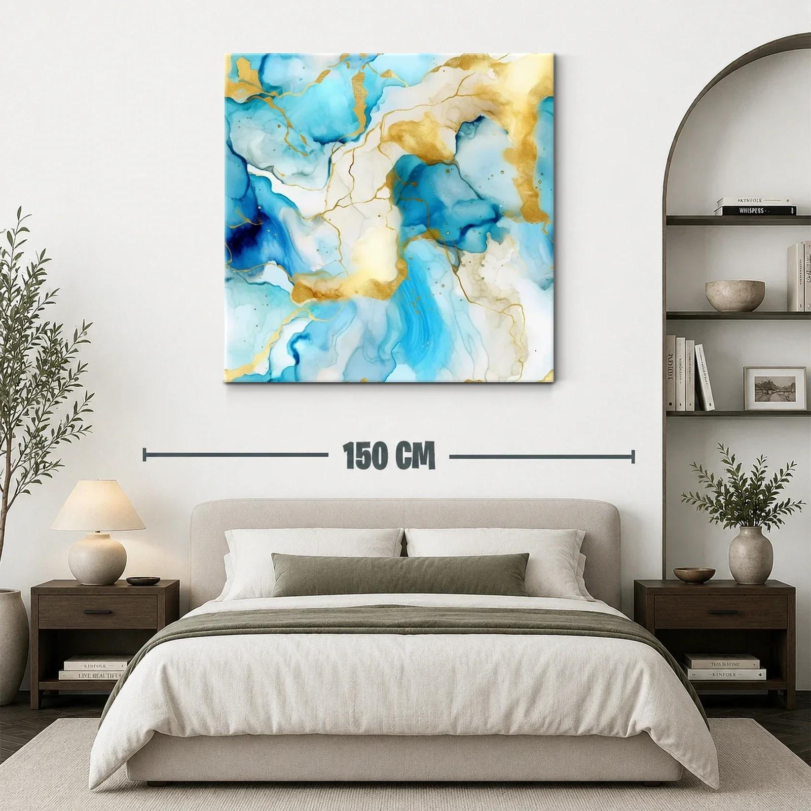 Cuadro abstracto azul y dorado con diseño fluido elegante — miniatura 3