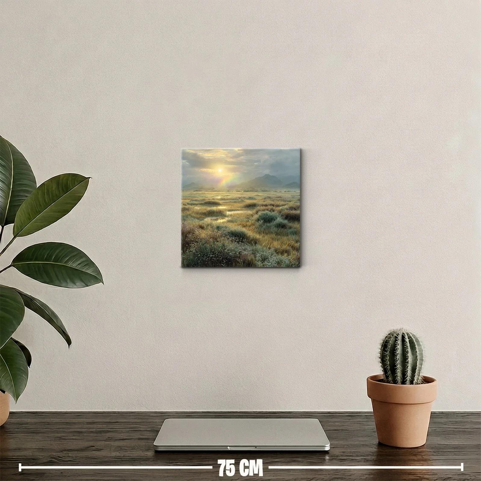 Paisaje de pradera al amanecer con luz dorada y arcoíris — miniatura 2