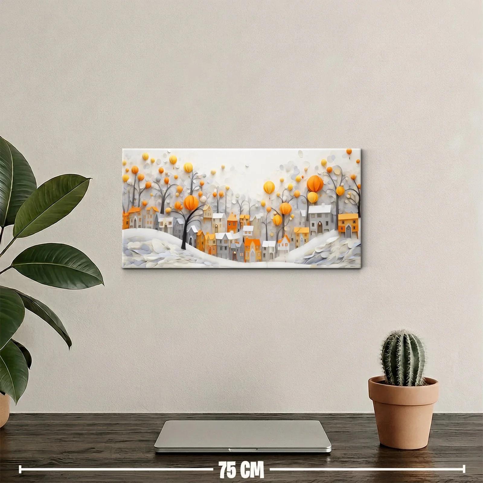 Cuadro pueblo invernal con casas naranjas y árboles desnudos — miniatura 2