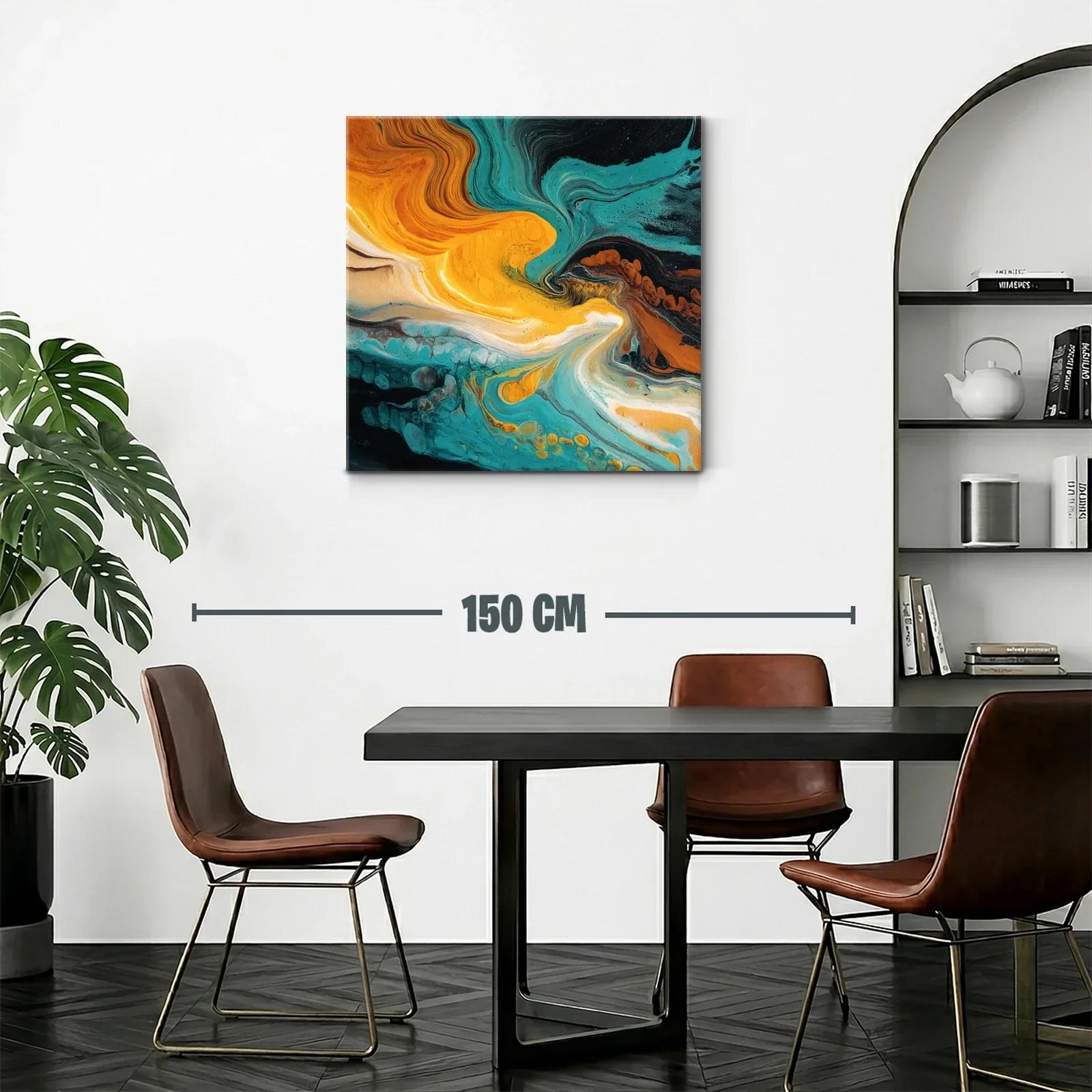 Cuadro abstracto con tonos turquesa y naranja vibrante — miniatura 2