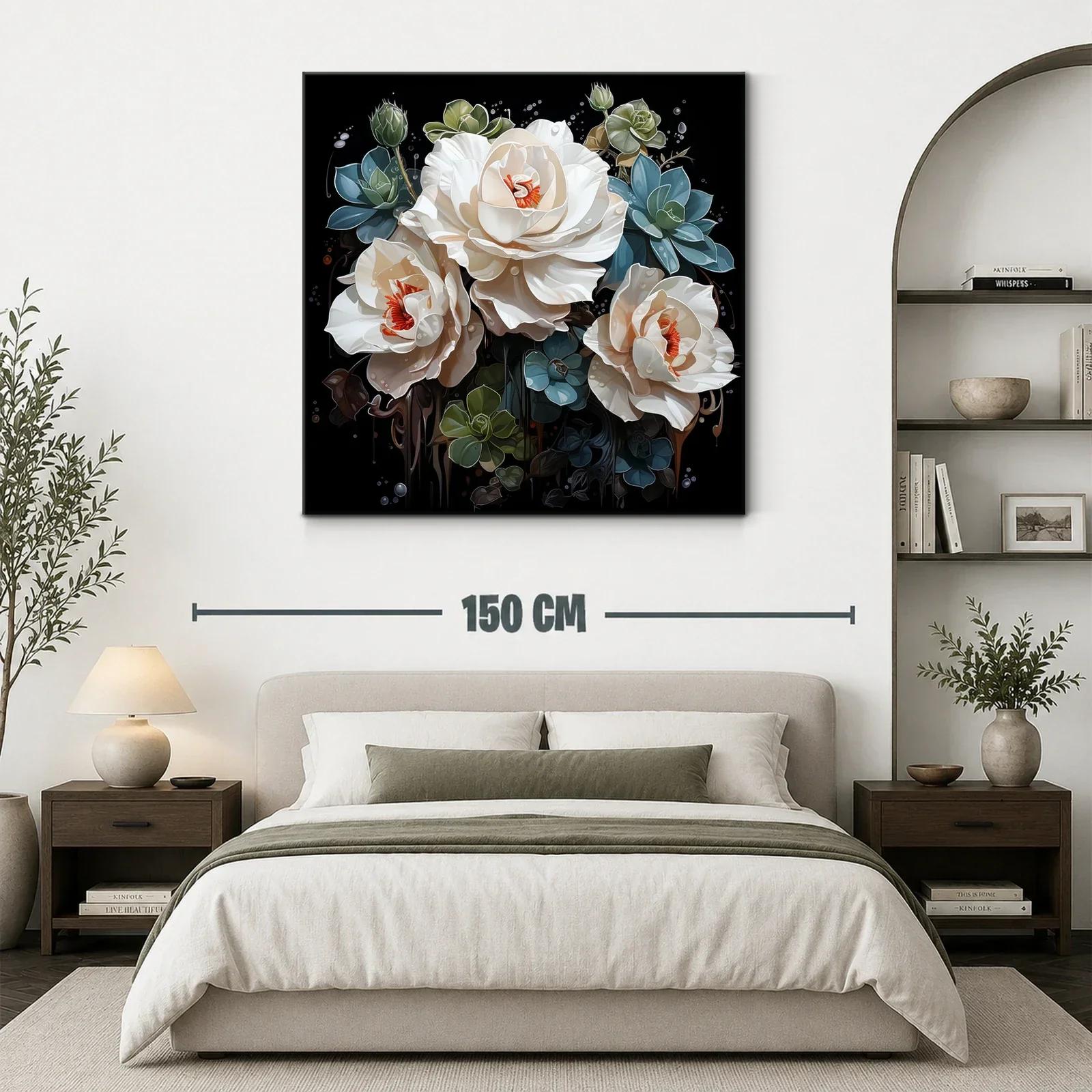 Ramo sofisticado de flores blancas y verdes sobre fondo negro — miniatura 3