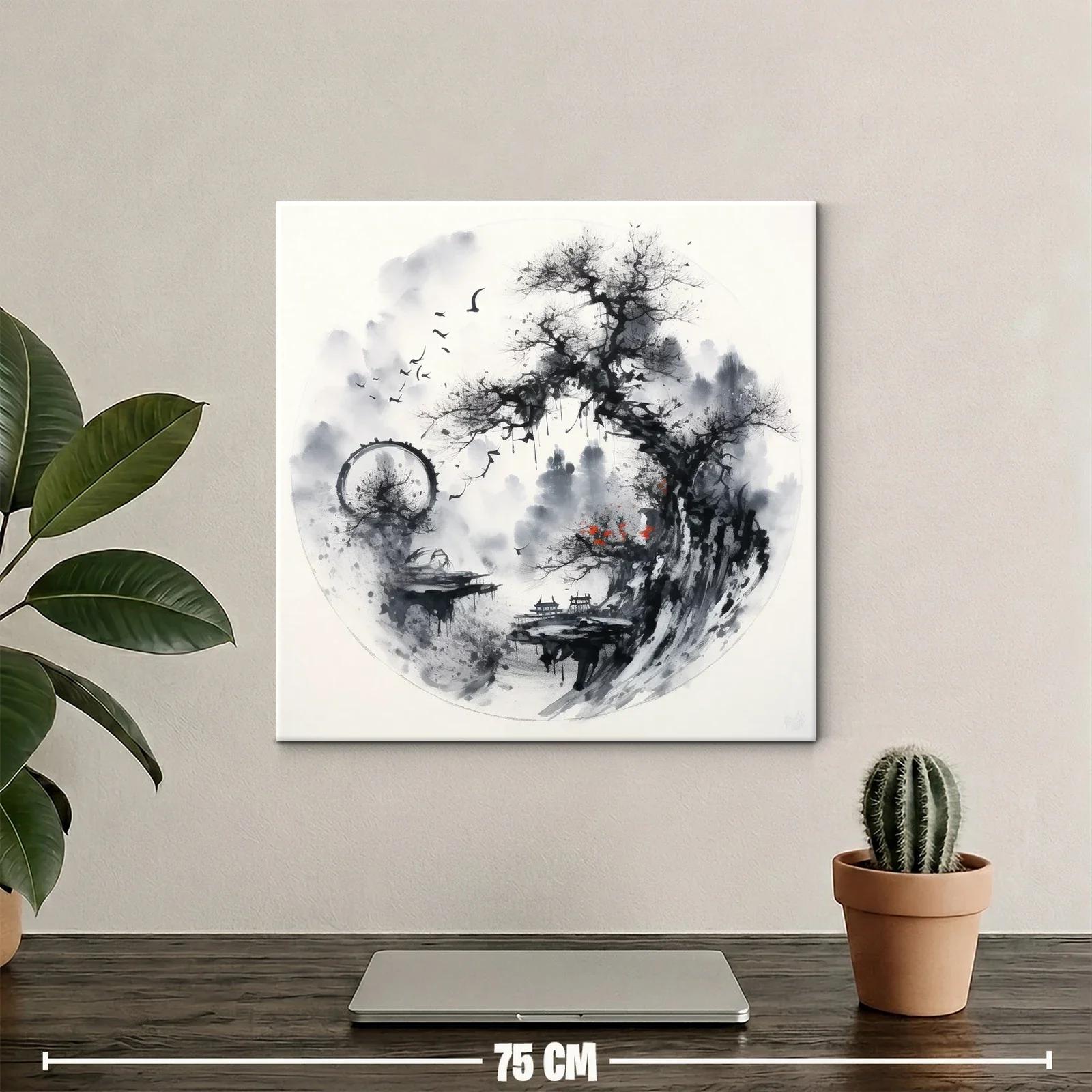 Paisaje asiático con árbol y aves en tonos monocromos — miniatura 2
