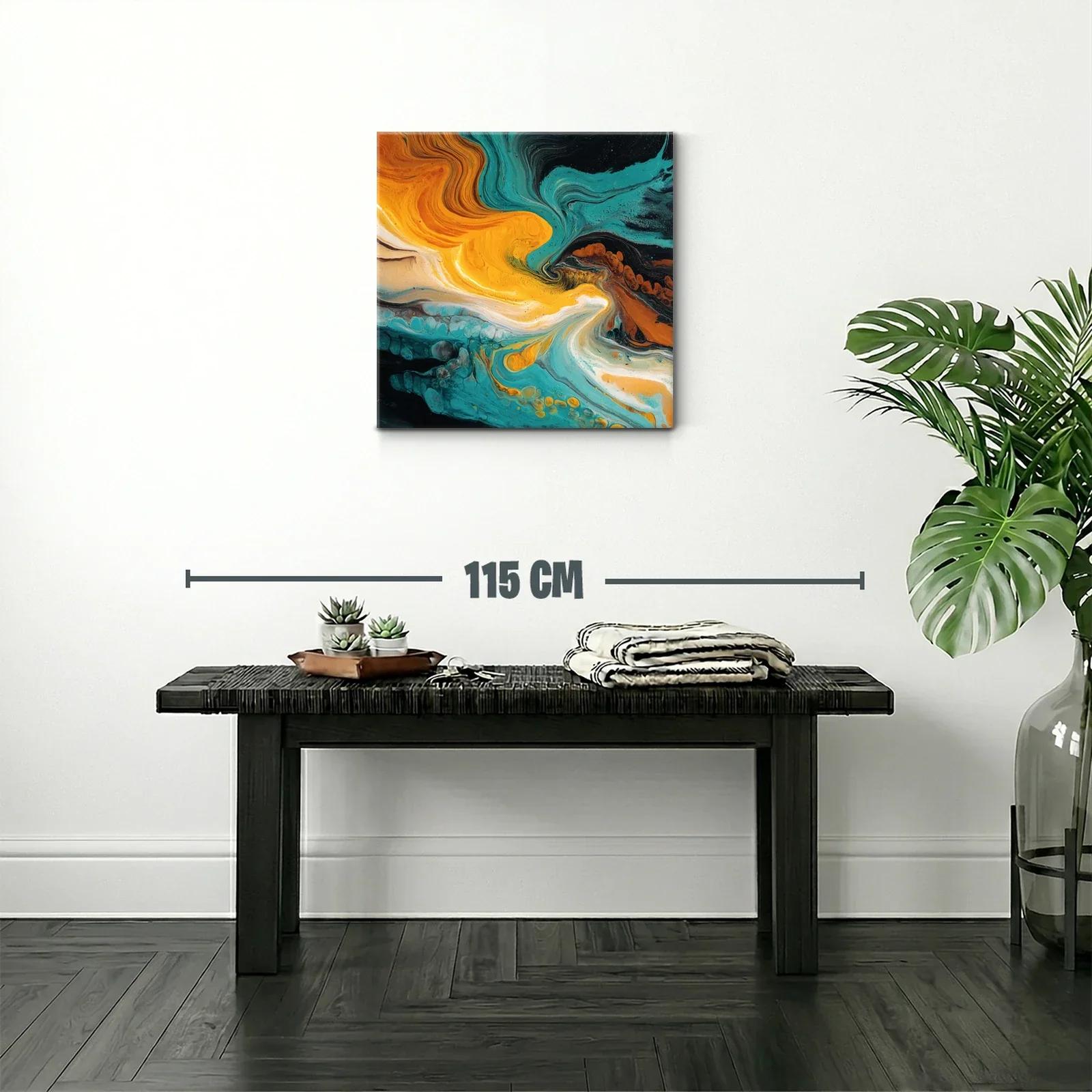 Cuadro abstracto con tonos turquesa y naranja vibrante — miniatura 2