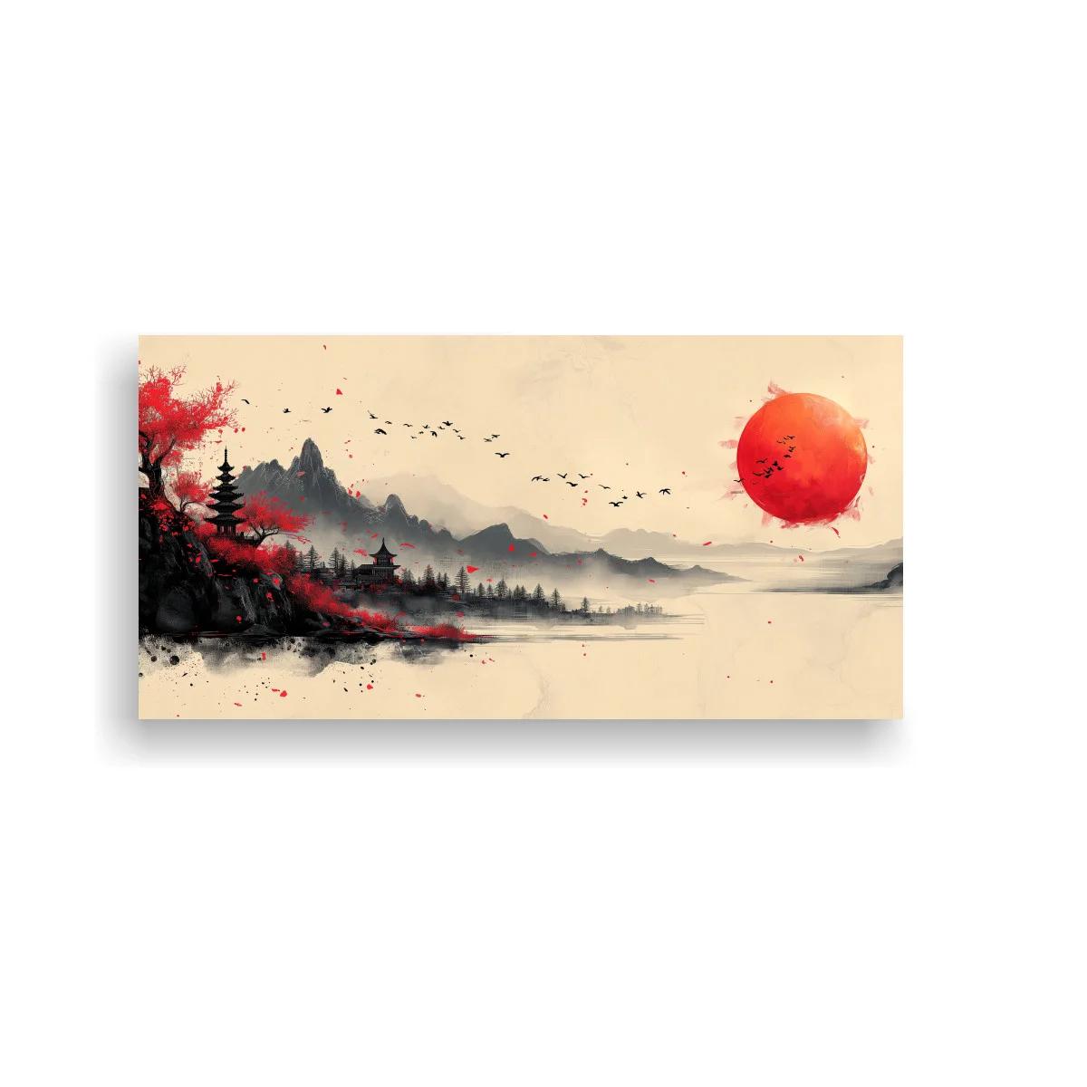 Cuadro paisaje asiático con sol rojo y agua calma — imagen principal