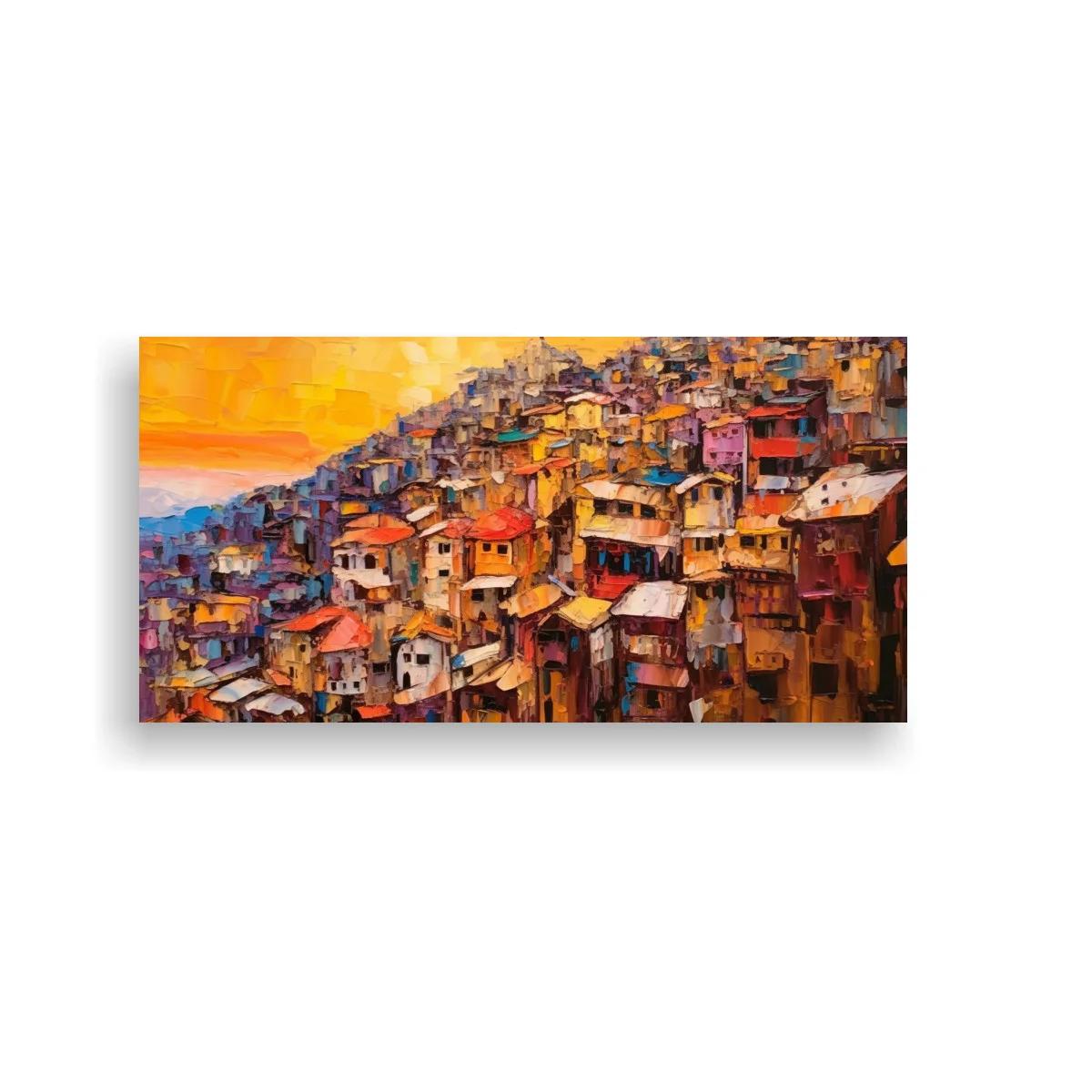 Cuadro casas apiñadas en una ladera con cielo al atardecer — imagen principal