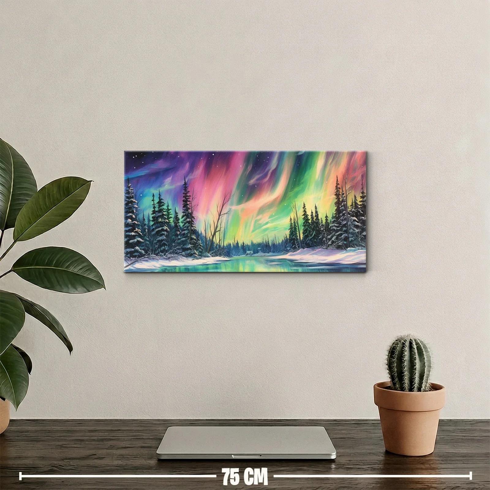 Cuadro aurora boreal sobre lago nevado con reflejo luminoso — miniatura 2