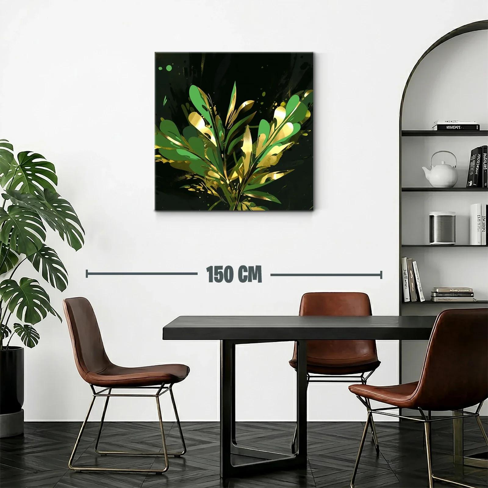 Cuadro abstracto con motivos vegetales dorados y verdes — miniatura 2