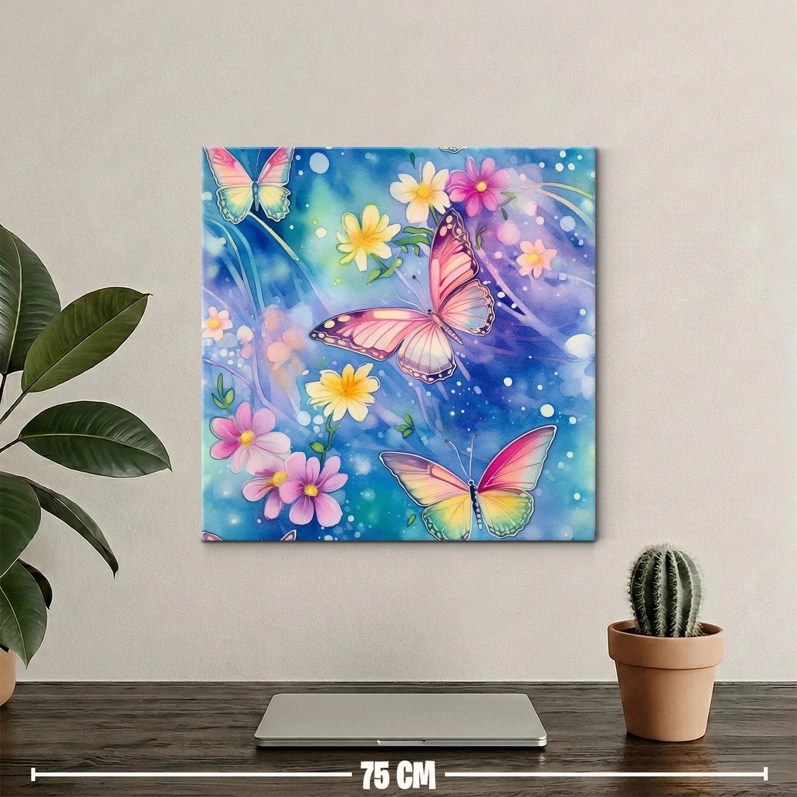 Mariposas y flores en tonos pastel sobre fondo azul — miniatura 2