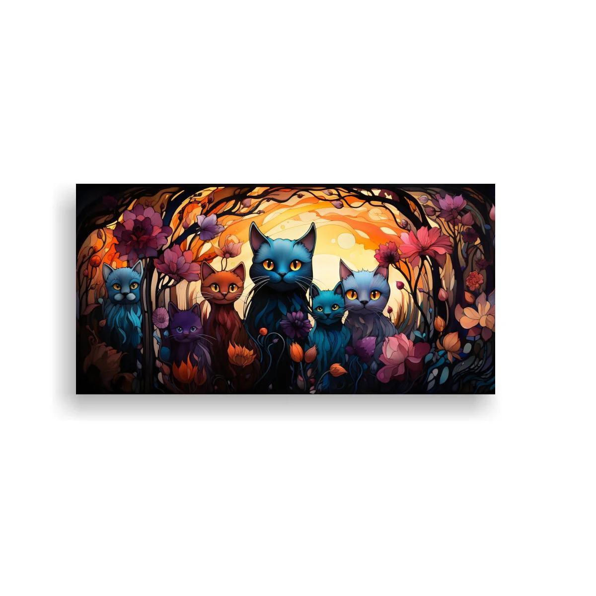 Cuadro grupo de gatos de ojos grandes entre flores rosas y moradas — imagen principal