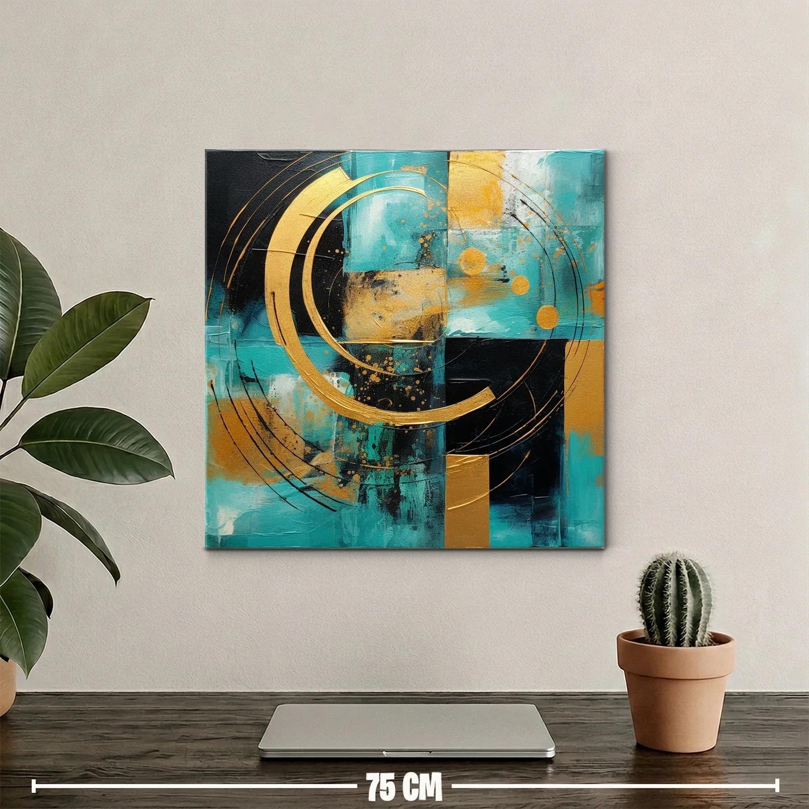 Cuadro abstracto con círculos dorados sobre fondo turquesa y negro — miniatura 2