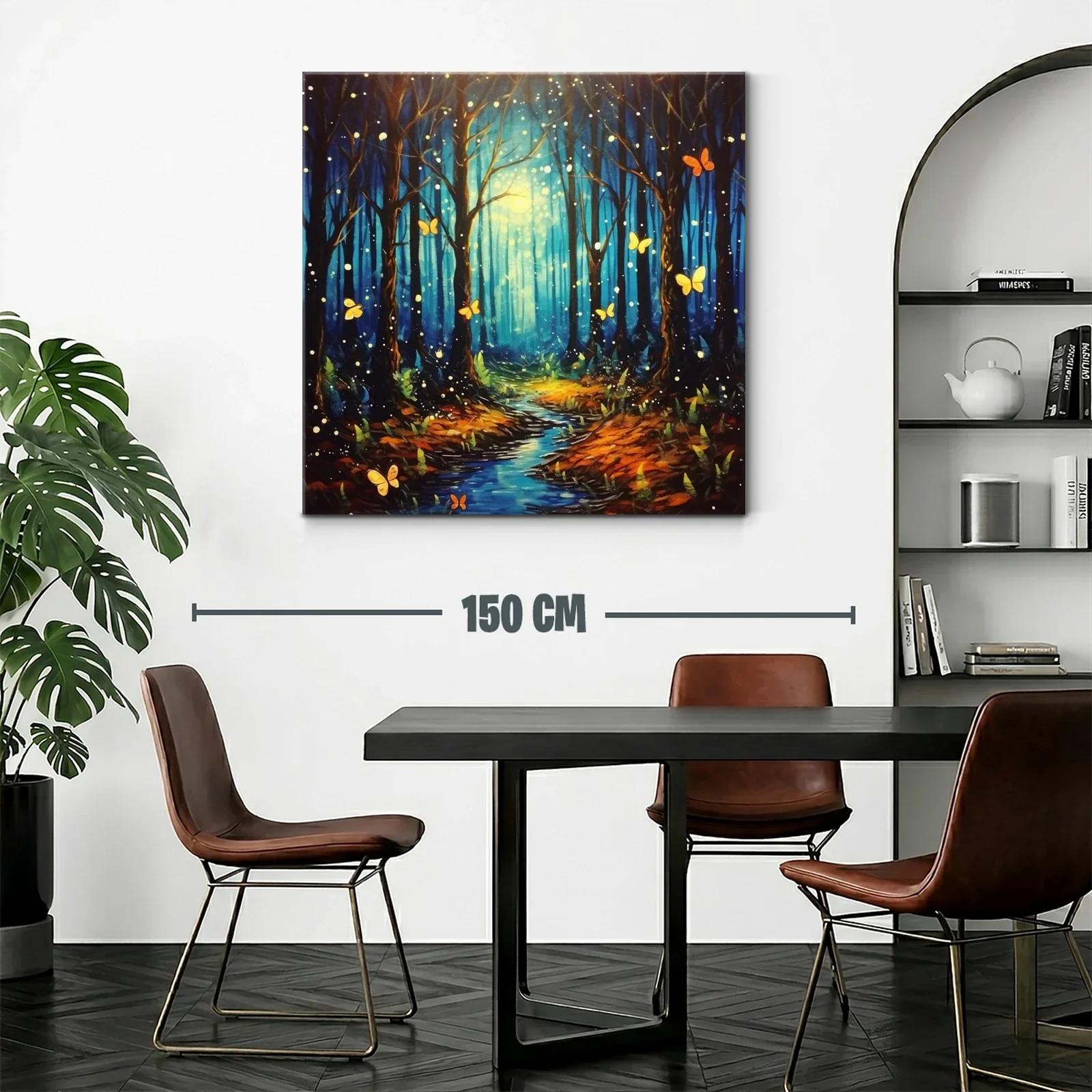 Bosque encantado con mariposas iluminadas y sendero azul — miniatura 2