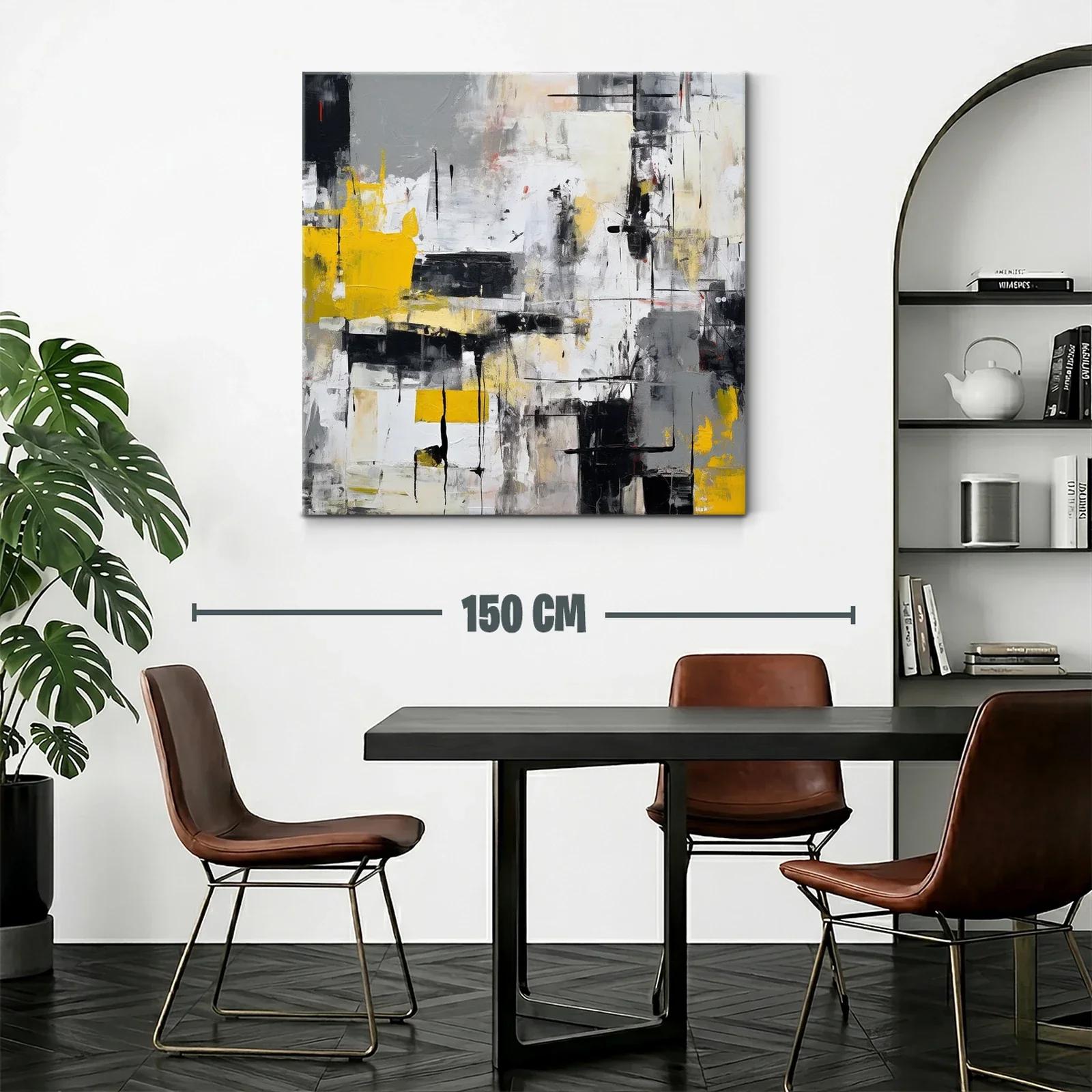 Cuadro abstracto con tonos grises y toques amarillos vibrantes — miniatura 2