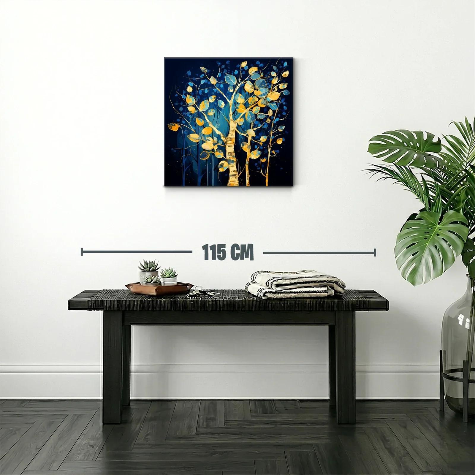 Árbol dorado con hojas azules y amarillas sobre fondo oscuro — miniatura 2