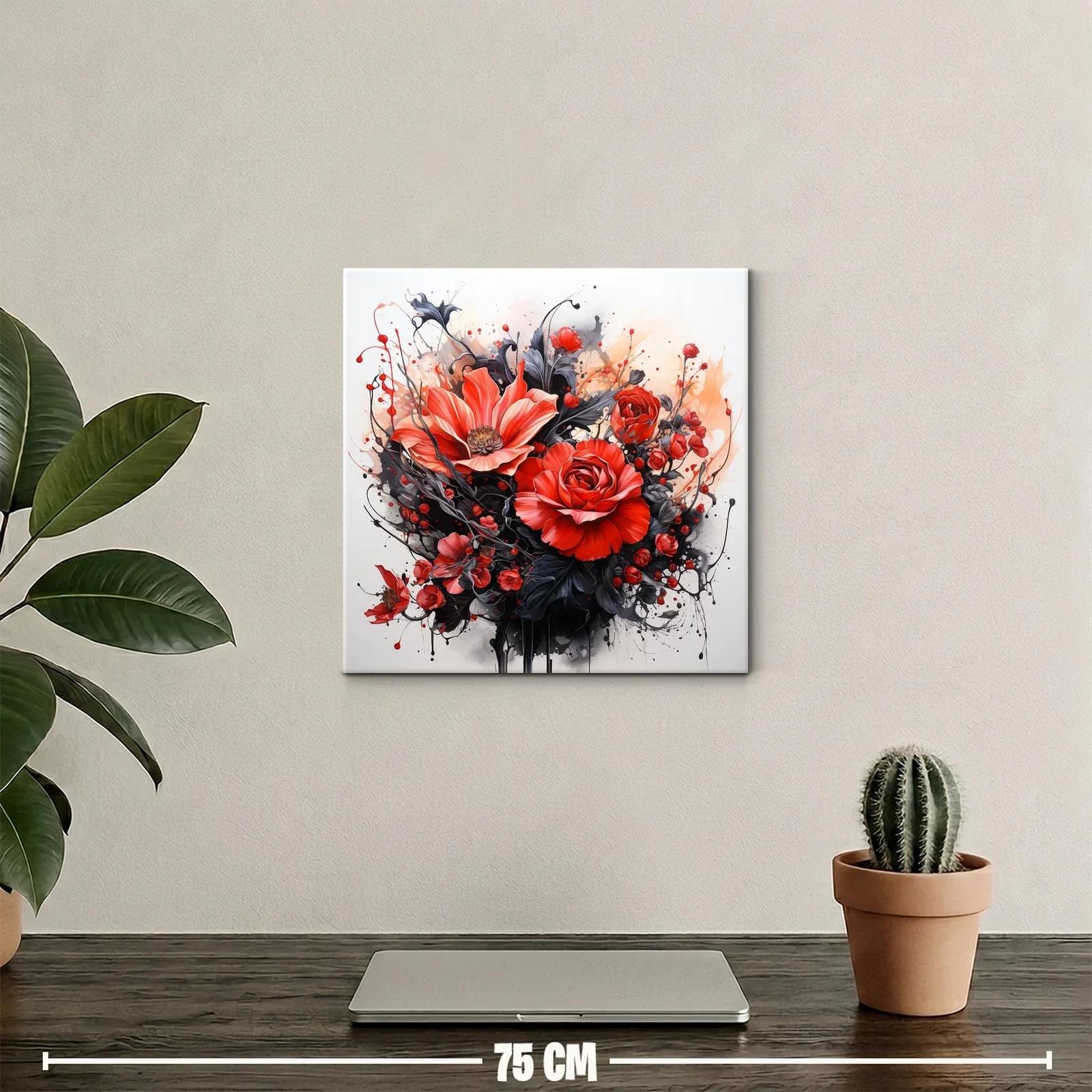 Cuadro floral en rojo y negro con detalles vibrantes — miniatura 2