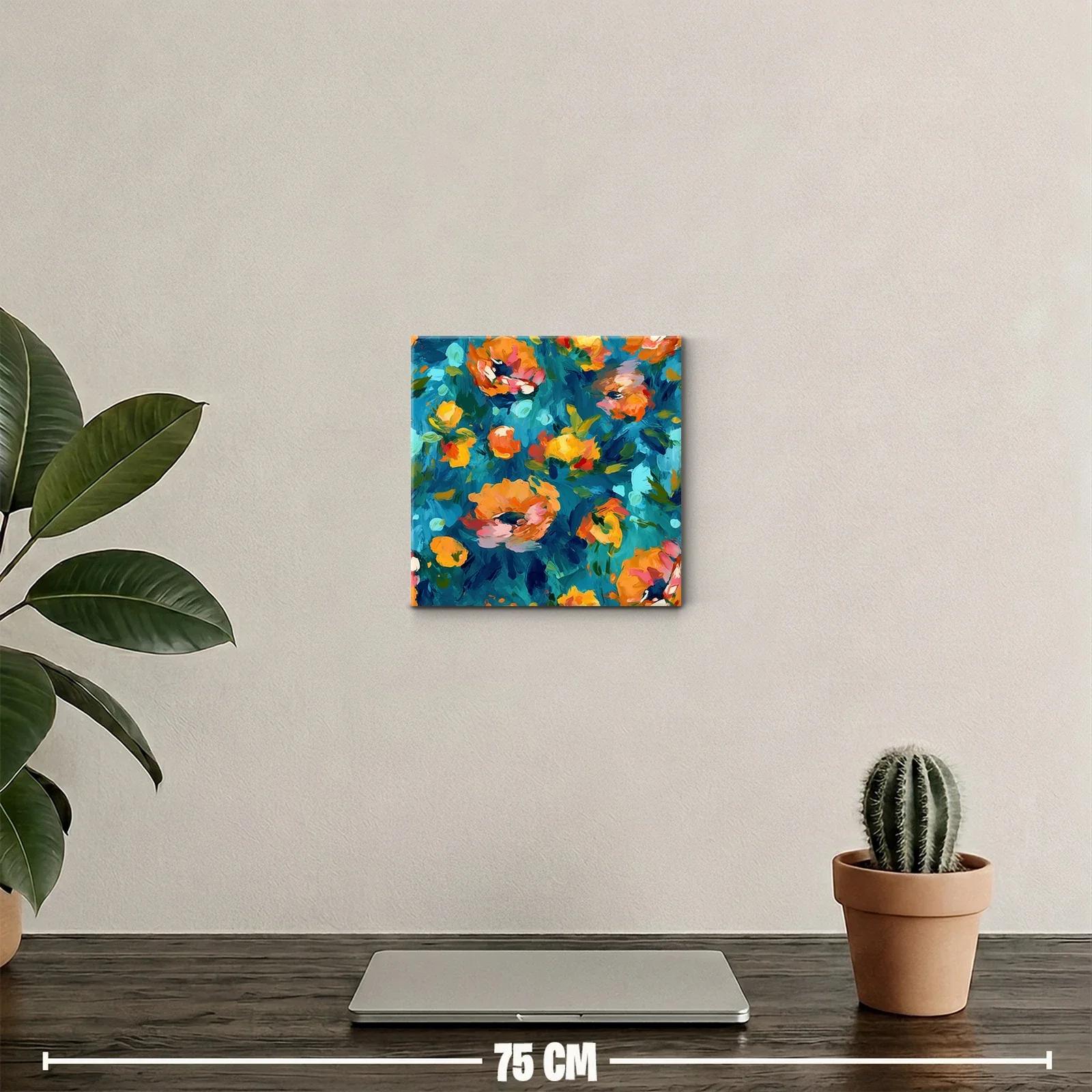 Cuadro decorativo con flores vibrantes y fondo azul intenso — miniatura 2