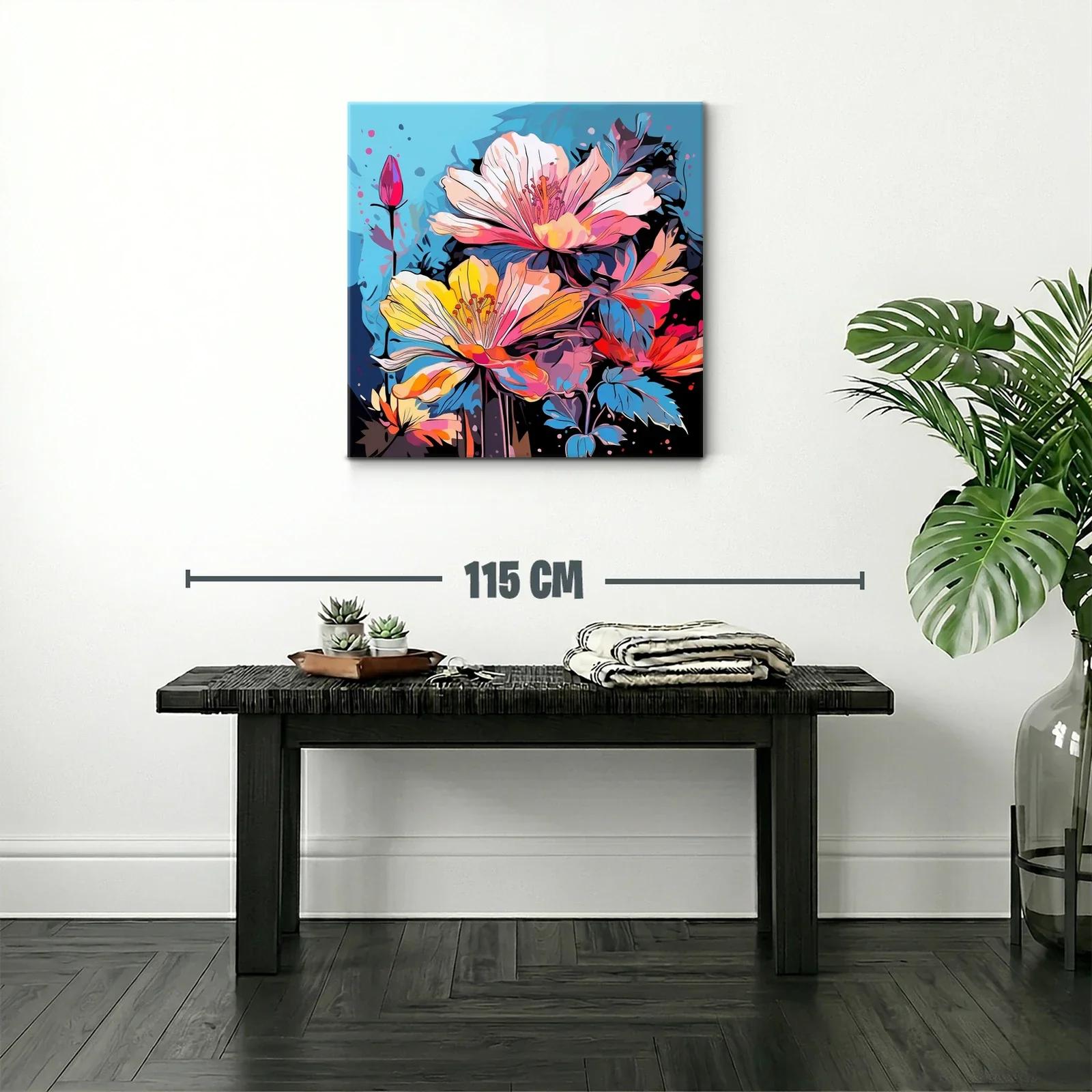 Cuadro floral con vibrantes tonos azules y rosas — miniatura 2