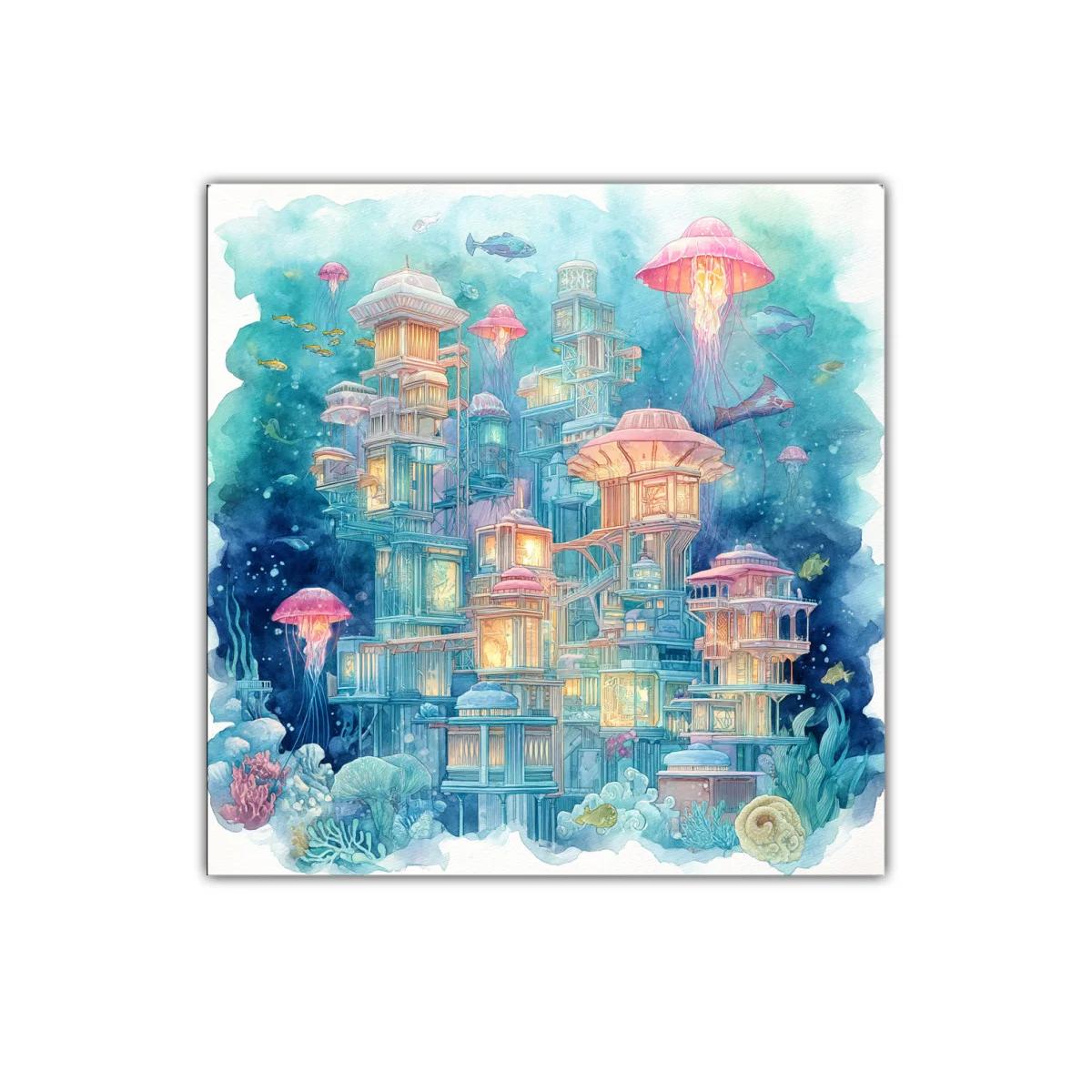 Ciudad submarina iluminada entre medusas y corales — miniatura 1
