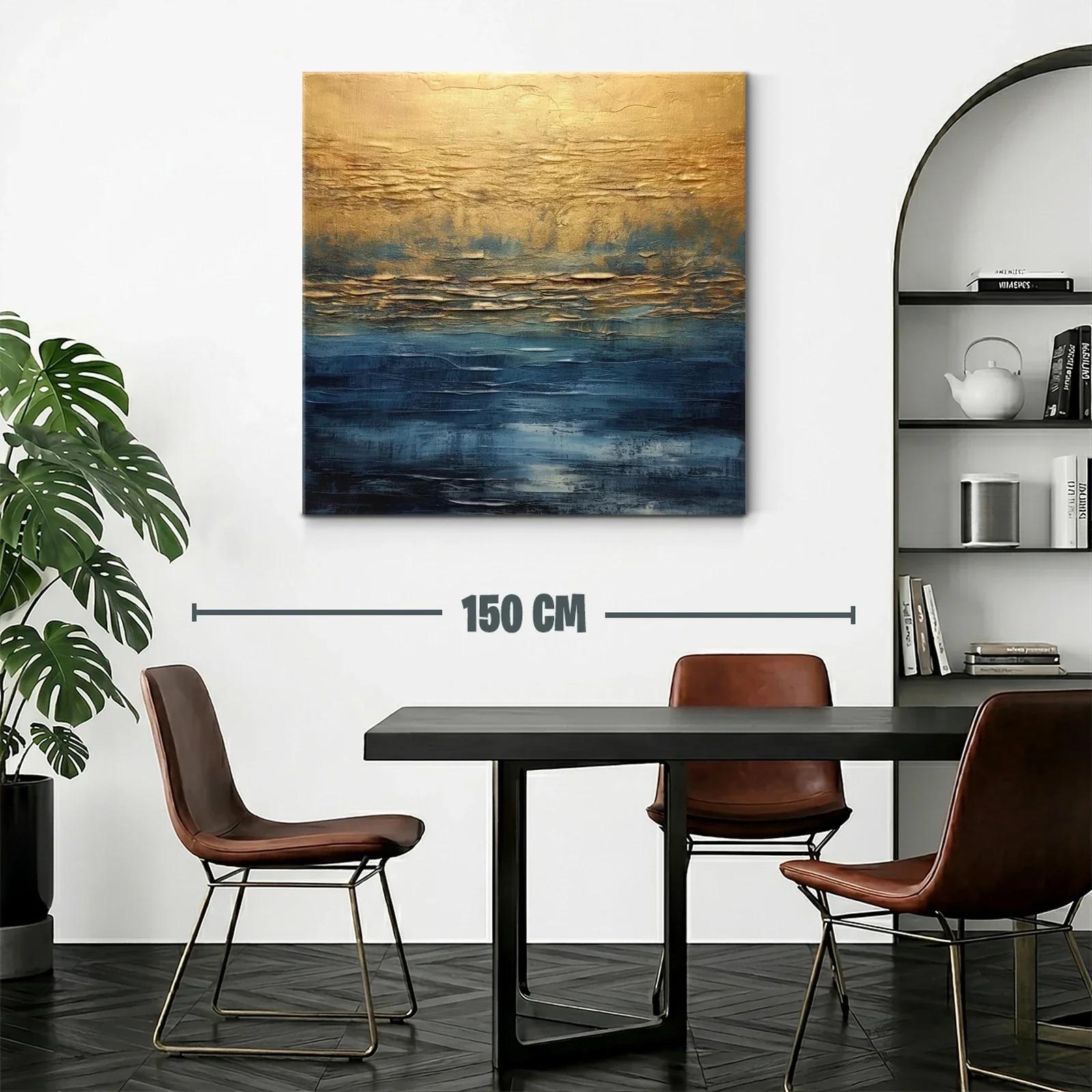 Cuadro abstracto con tonos dorados y azul profundo — miniatura 2