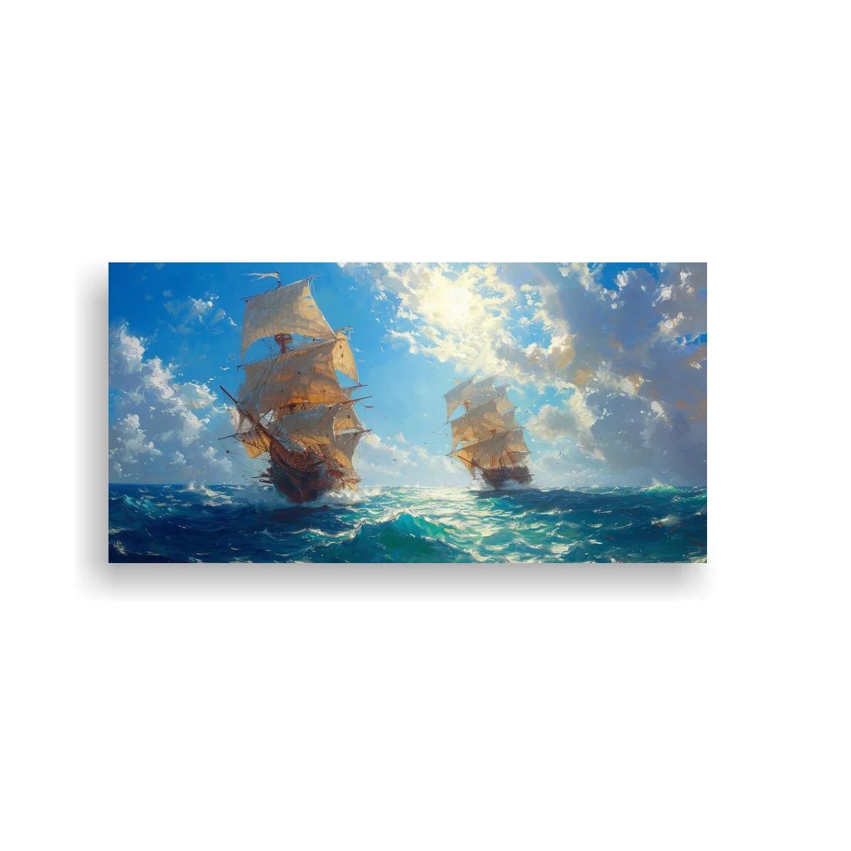 Cuadro velero de época entre olas y cielo dramático — imagen principal