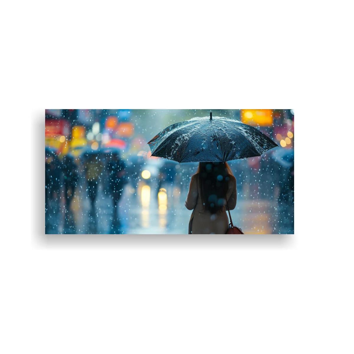 Cuadro persona con paraguas bajo la lluvia y bolso rojo — imagen principal