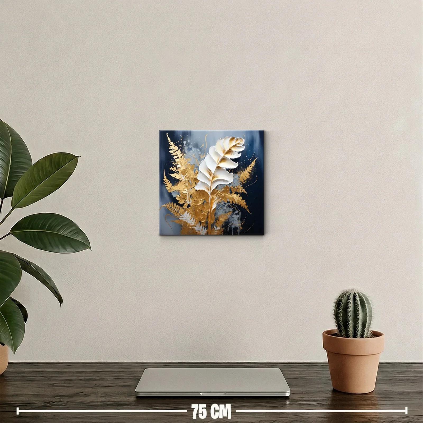 Cuadro decorativo hojas doradas sobre fondo azul oscuro — miniatura 2