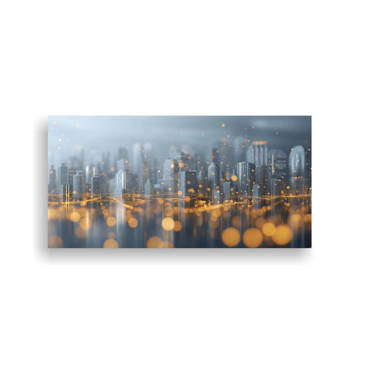 Cuadro skyline urbano con luces doradas desenfocadas