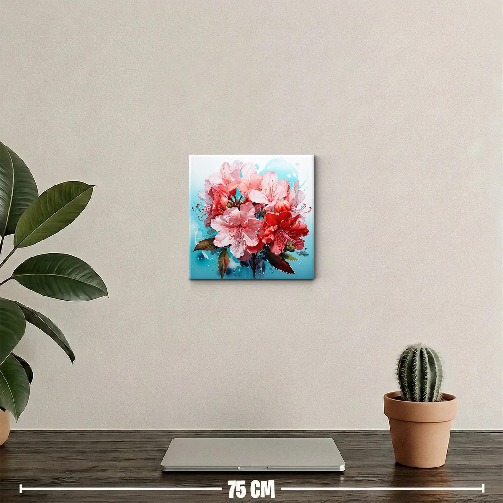 Cuadro Floral con Flores Rojas y Rosadas sobre Fondo Turquesa — miniatura 2