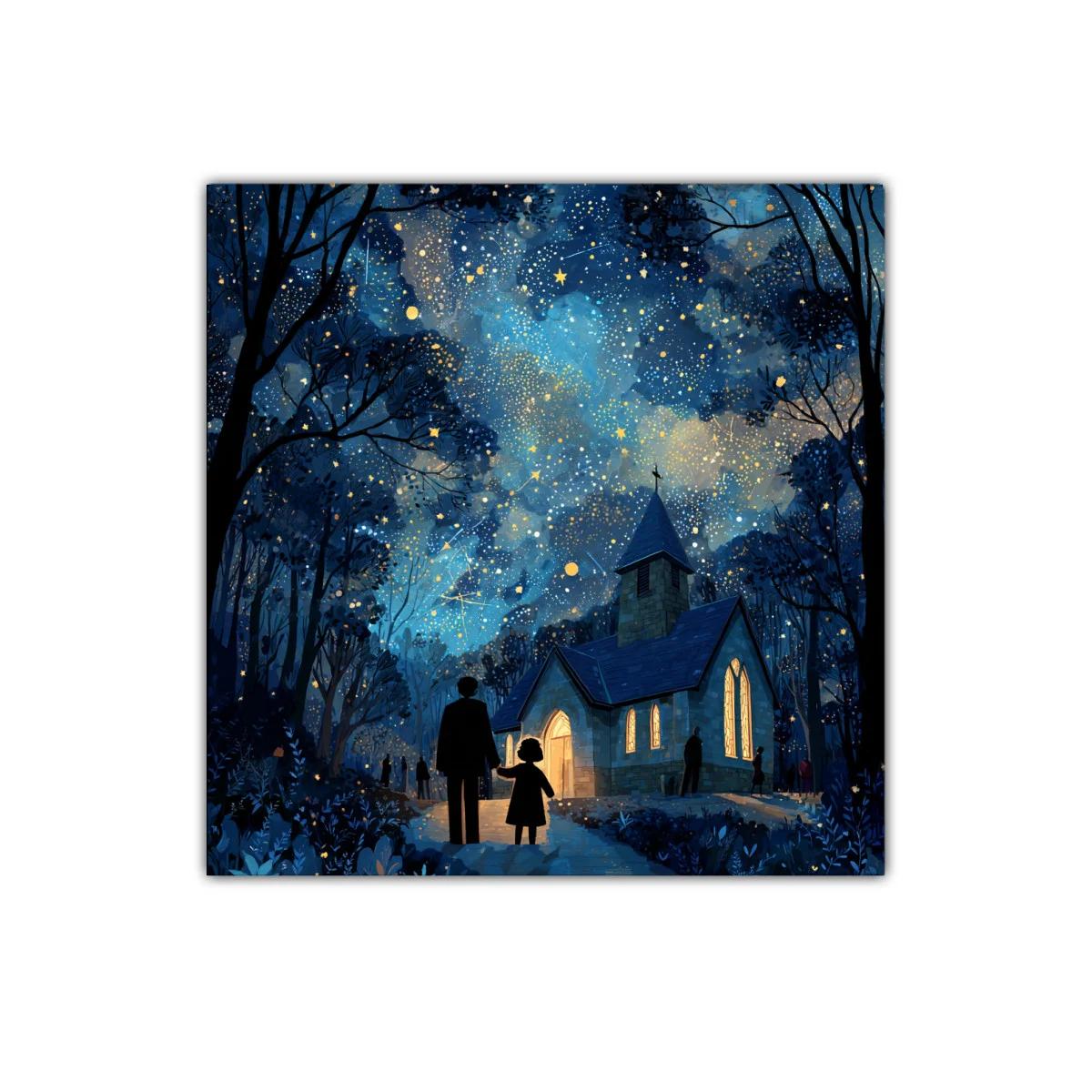Nocturno encantador con iglesia iluminada bajo cielo estrellado — imagen principal