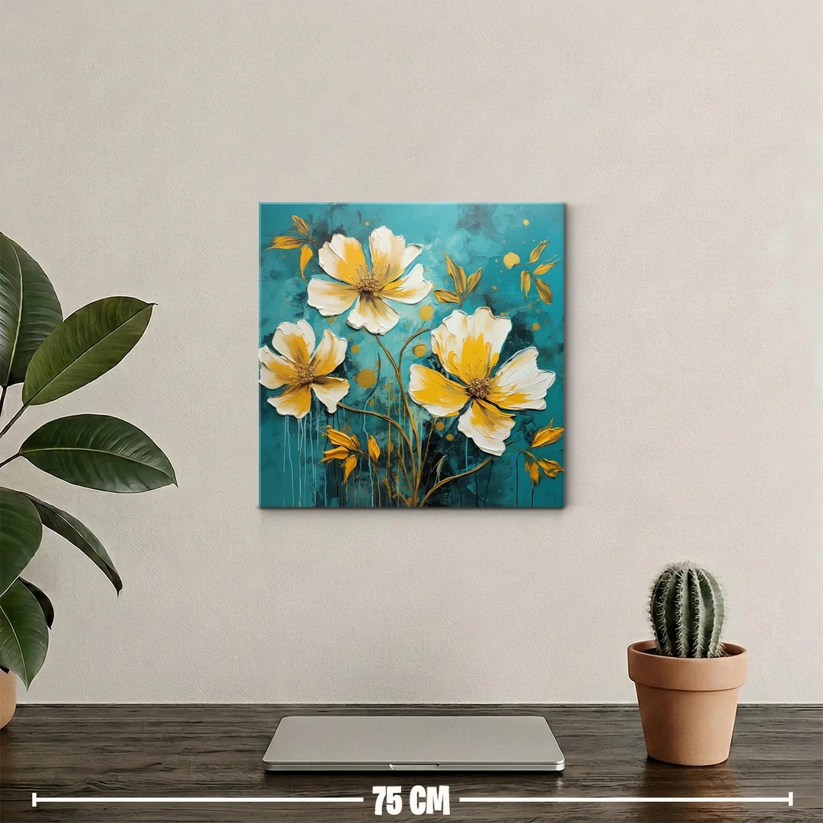 Cuadro floral moderno en tonos cálidos y fondo azul profundo — miniatura 2