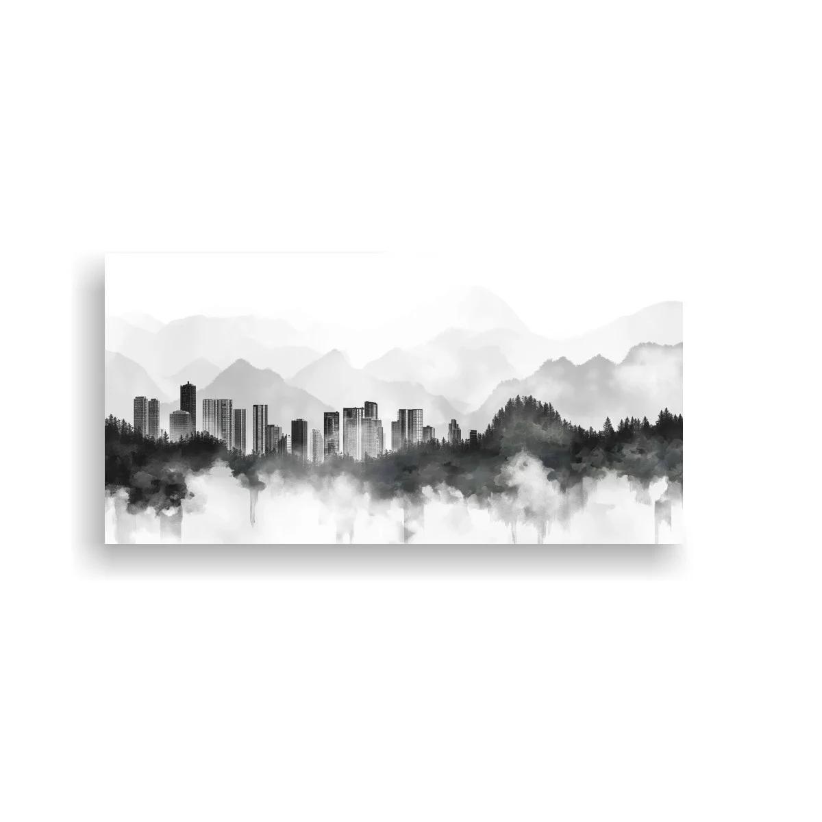 Cuadro skyline urbano entre montañas con niebla — imagen principal