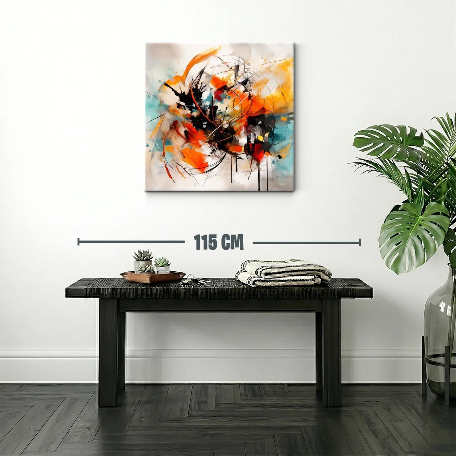 Cuadro abstracto con trazos vibrantes en naranja y turquesa — miniatura 2