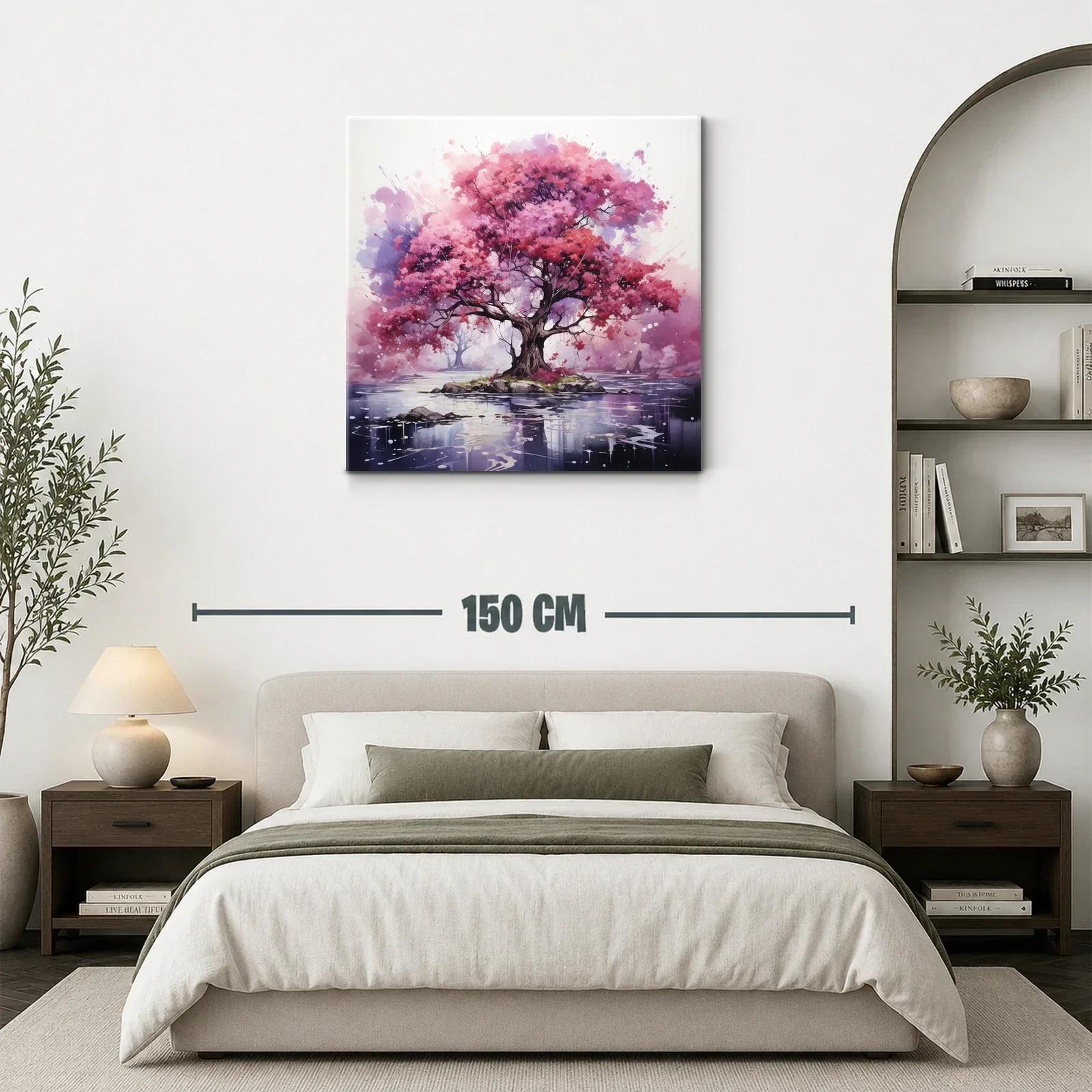 Árbol rosa vibrante sobre isla en lago sereno — miniatura 3