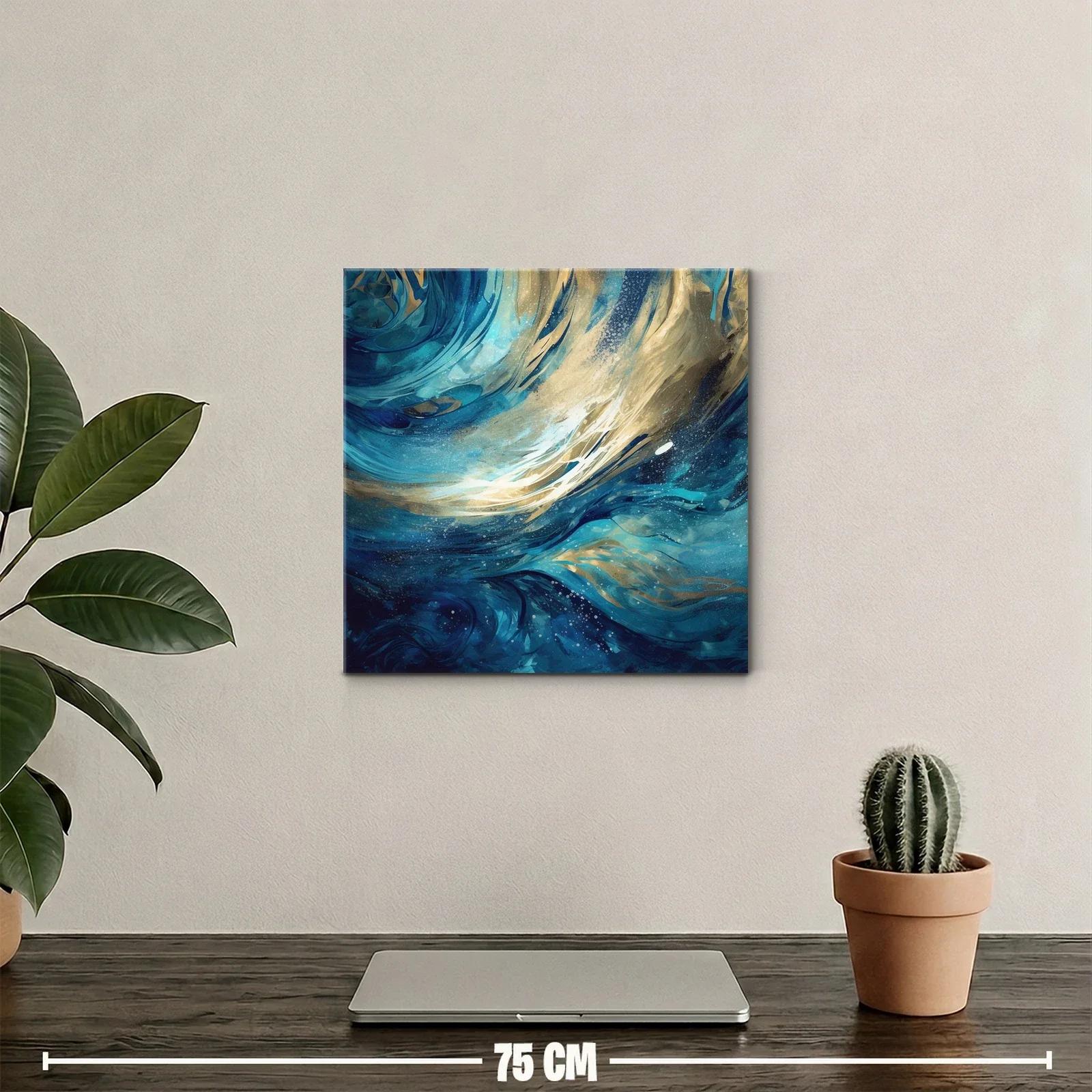 Cuadro abstracto con ondas dinámicas en tonos azul y dorado — miniatura 2