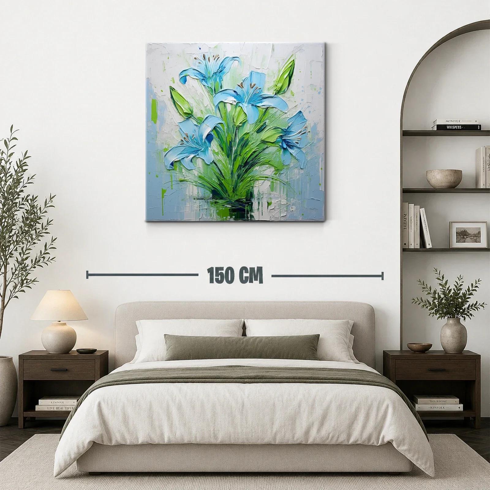 Cuadro floral intenso con lirios azules y verdes vibrantes — miniatura 3