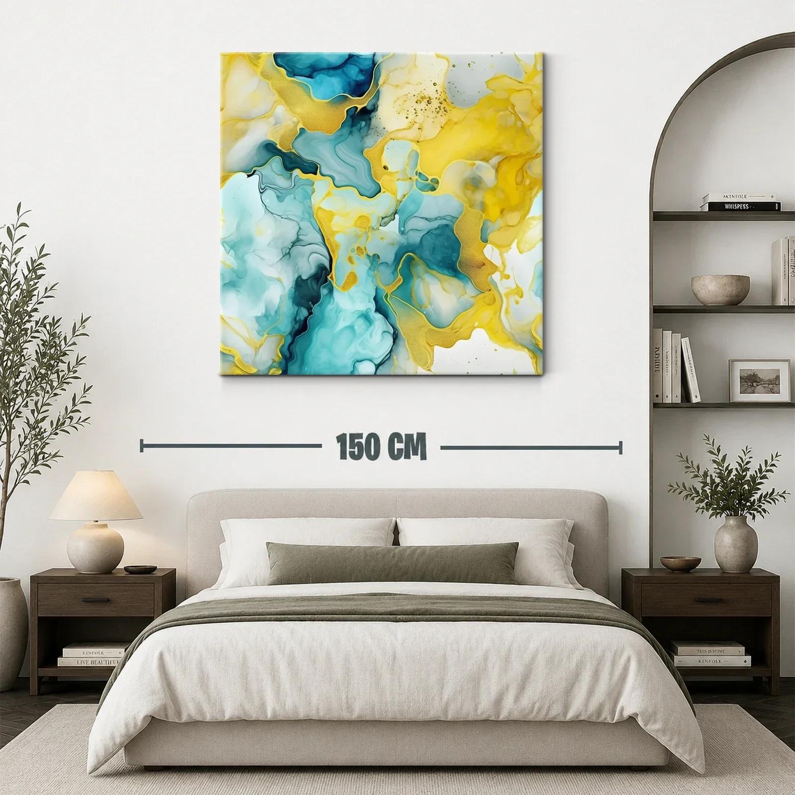 Cuadro abstracto con tonos turquesa y dorados vibrantes — miniatura 3