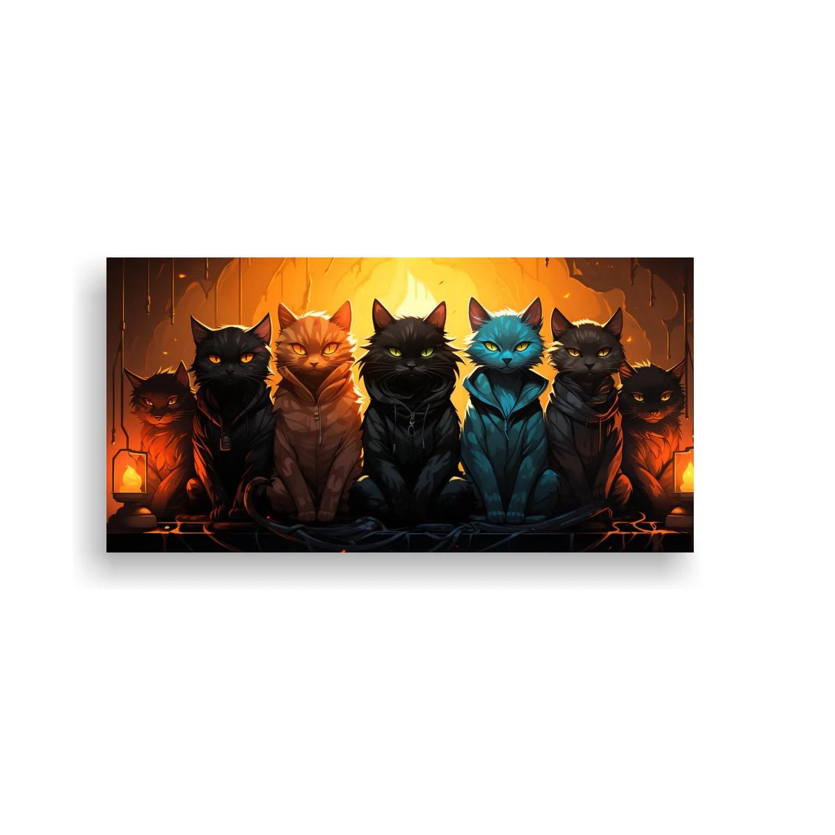 Cuadro grupo de gatos negros con gato azul y faroles encendidos — imagen principal