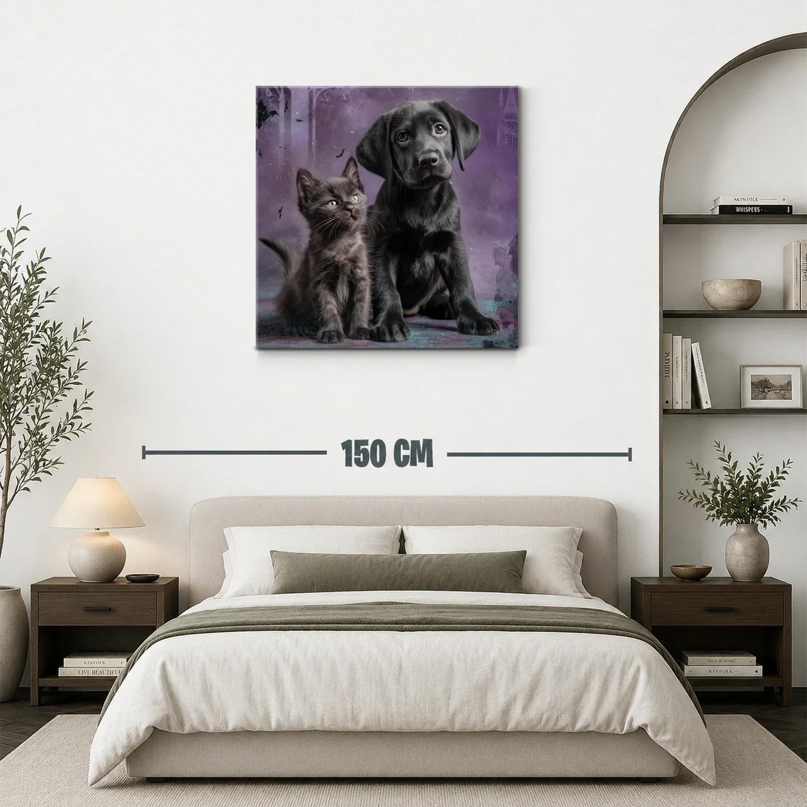 Tierno cuadro de cachorro y gatito sobre fondo violeta — miniatura 3