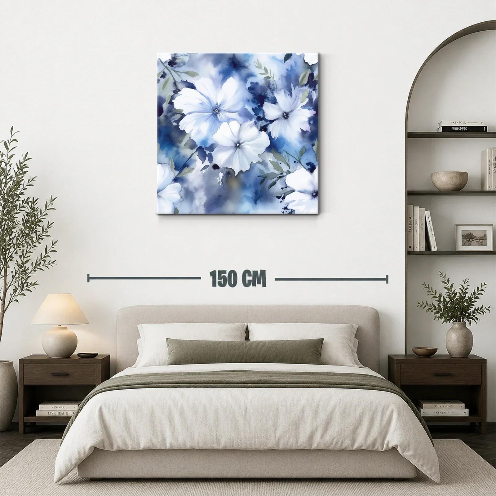 Flores blancas sobre fondo azul en acuarela delicada — miniatura 3