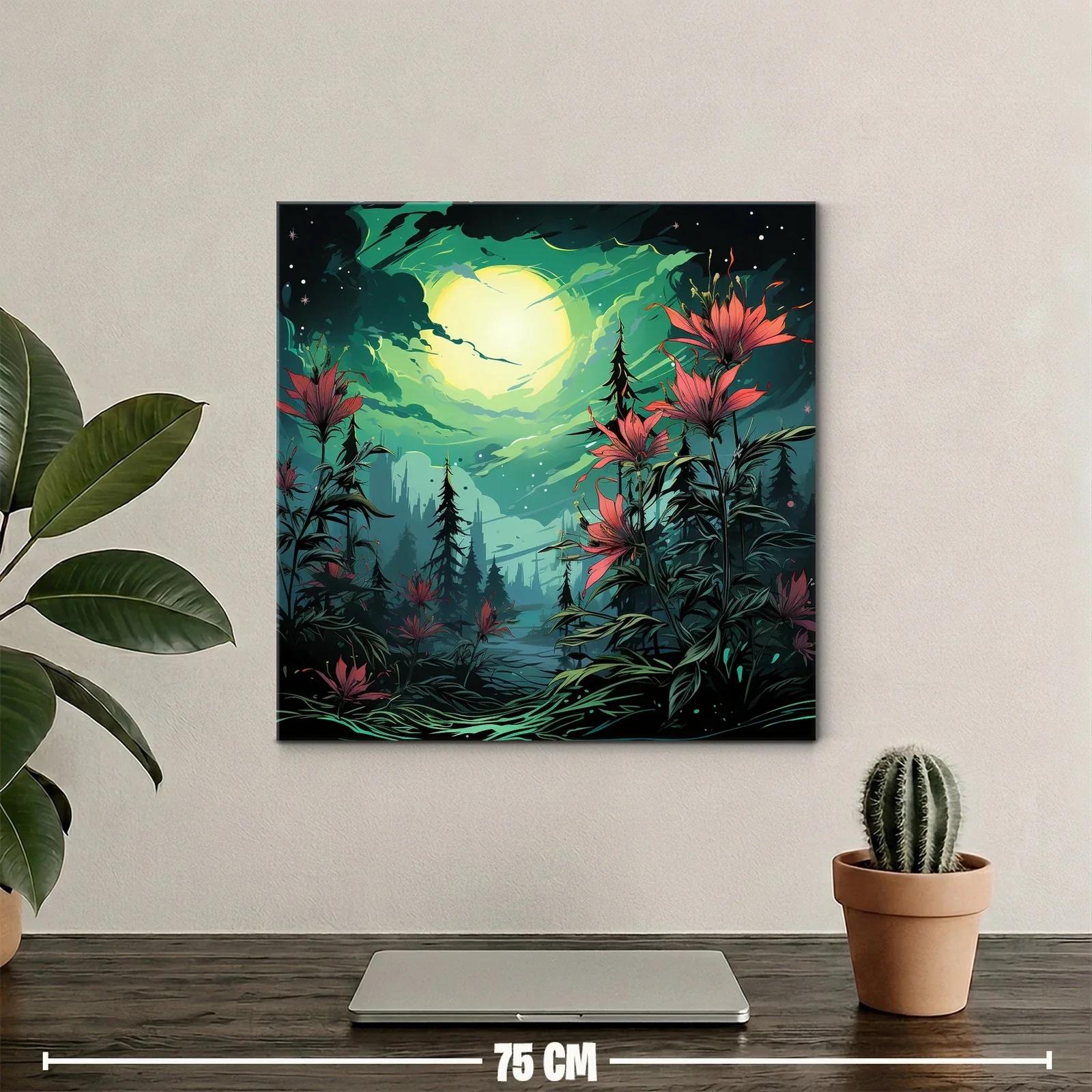 Flores rojas bajo la luna llena en paisaje nocturno encantado — miniatura 2