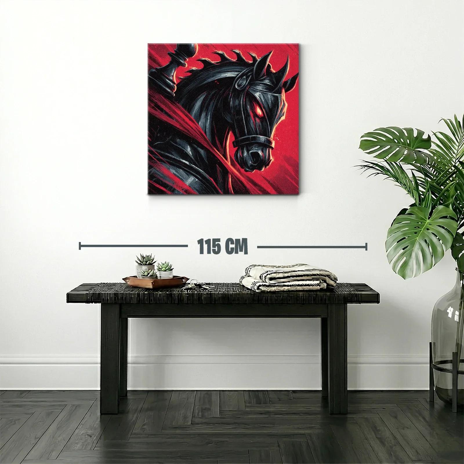 Caballo negro con ojos ardientes en fondo rojo vibrante — miniatura 2
