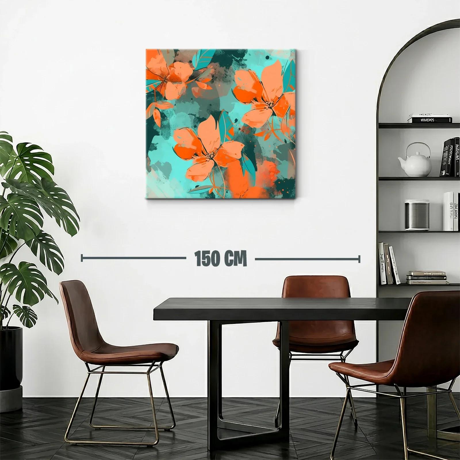 Cuadro moderno con flores vibrantes en tonos naranjas y turquesas — miniatura 2