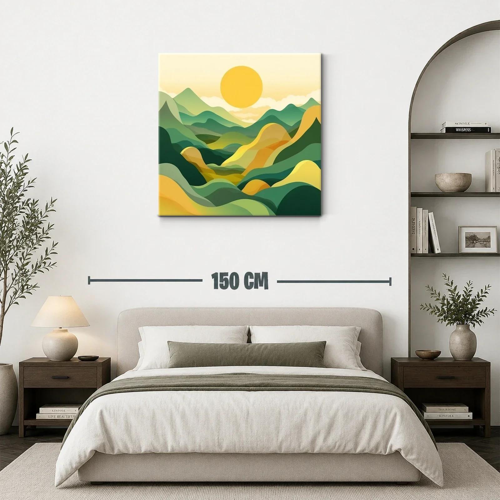 Paisaje abstracto con montañas y sol amarillo vibrante — miniatura 3