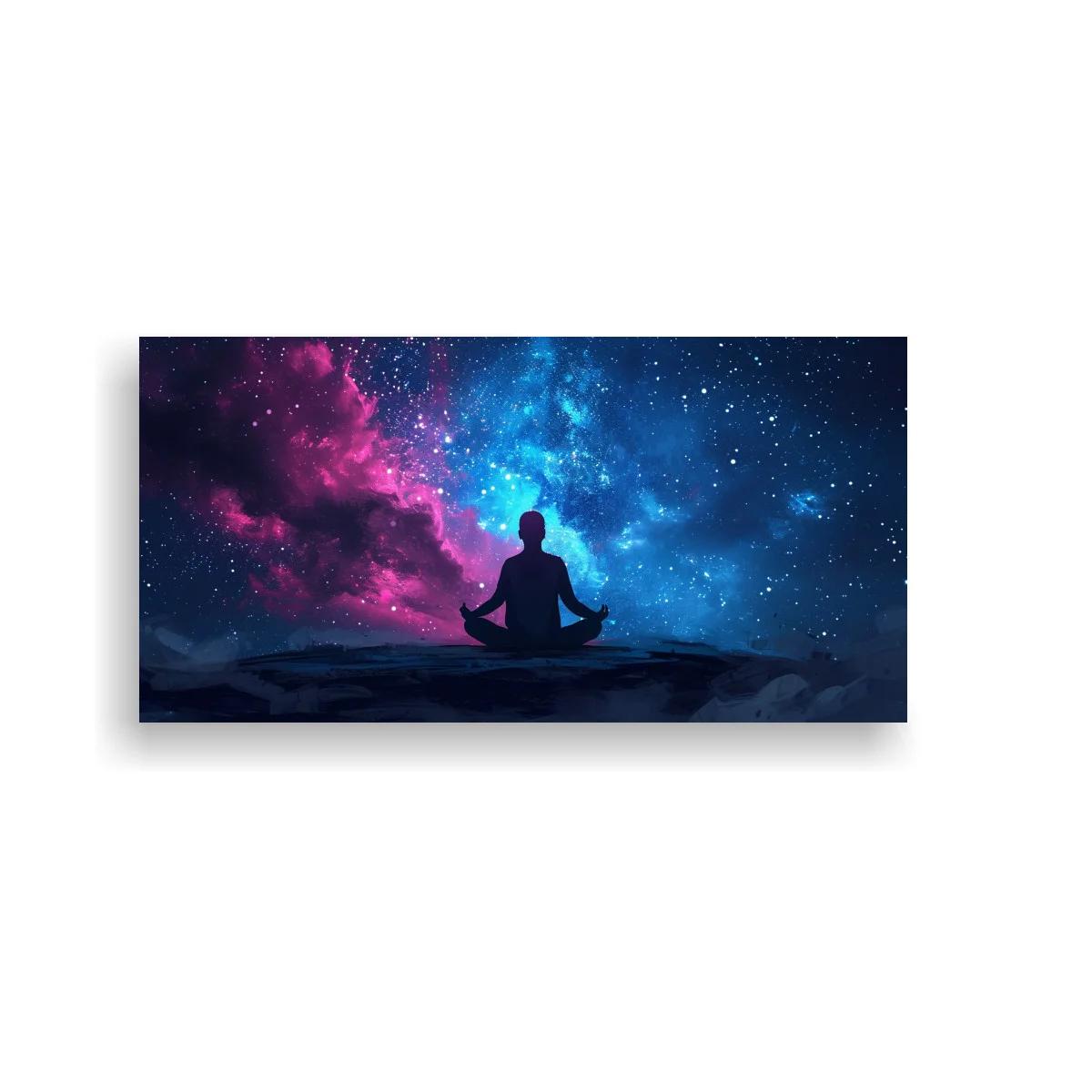 Cuadro silueta de persona meditando bajo cielo galáctico rosa y azul — imagen principal
