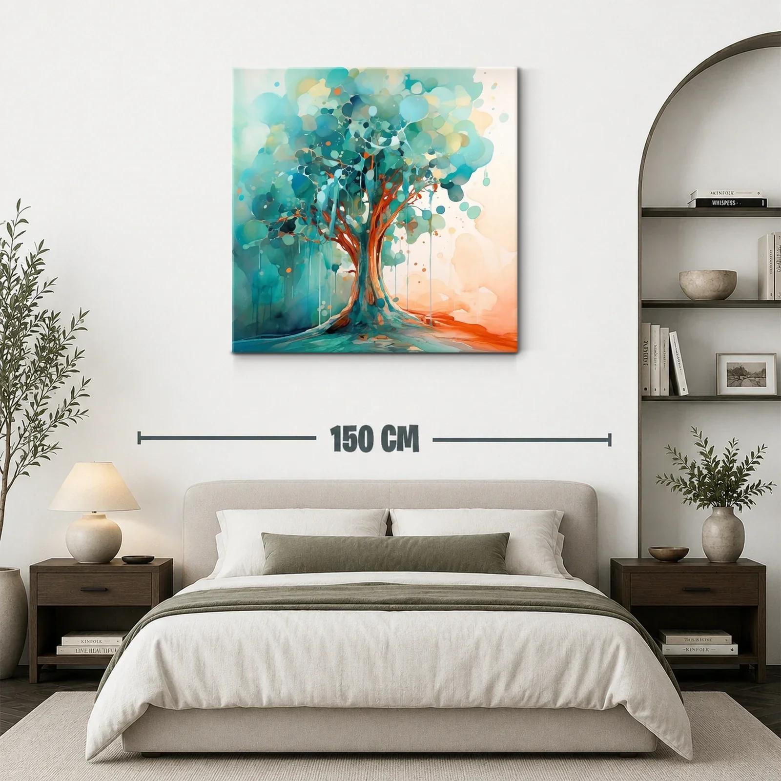 Cuadro moderno con árbol en tonos azules y naranjas vibrantes — miniatura 3