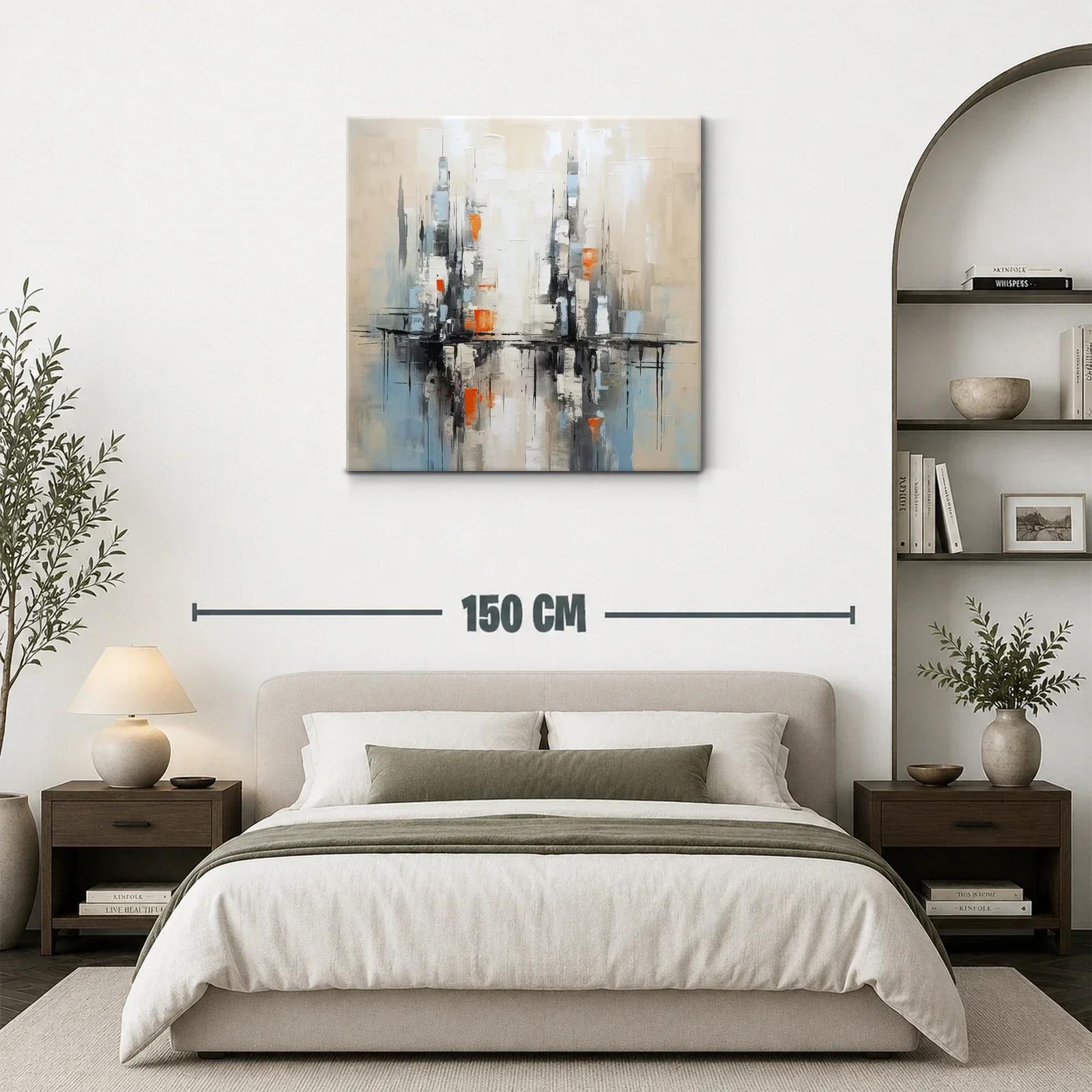Cuadro abstracto con reflejos urbanos en tonos neutros y naranjas — miniatura 3