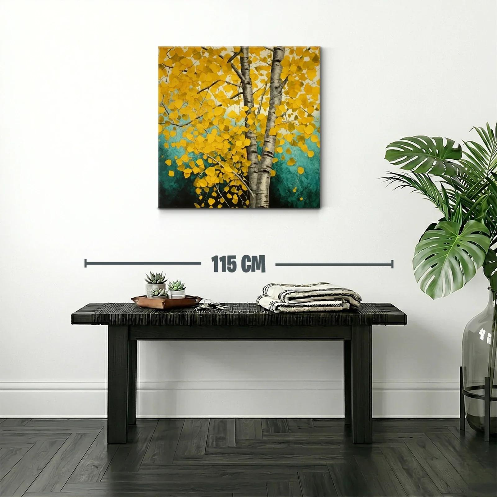 Árbol de hojas doradas con tronco plateado en fondo turquesa — miniatura 2