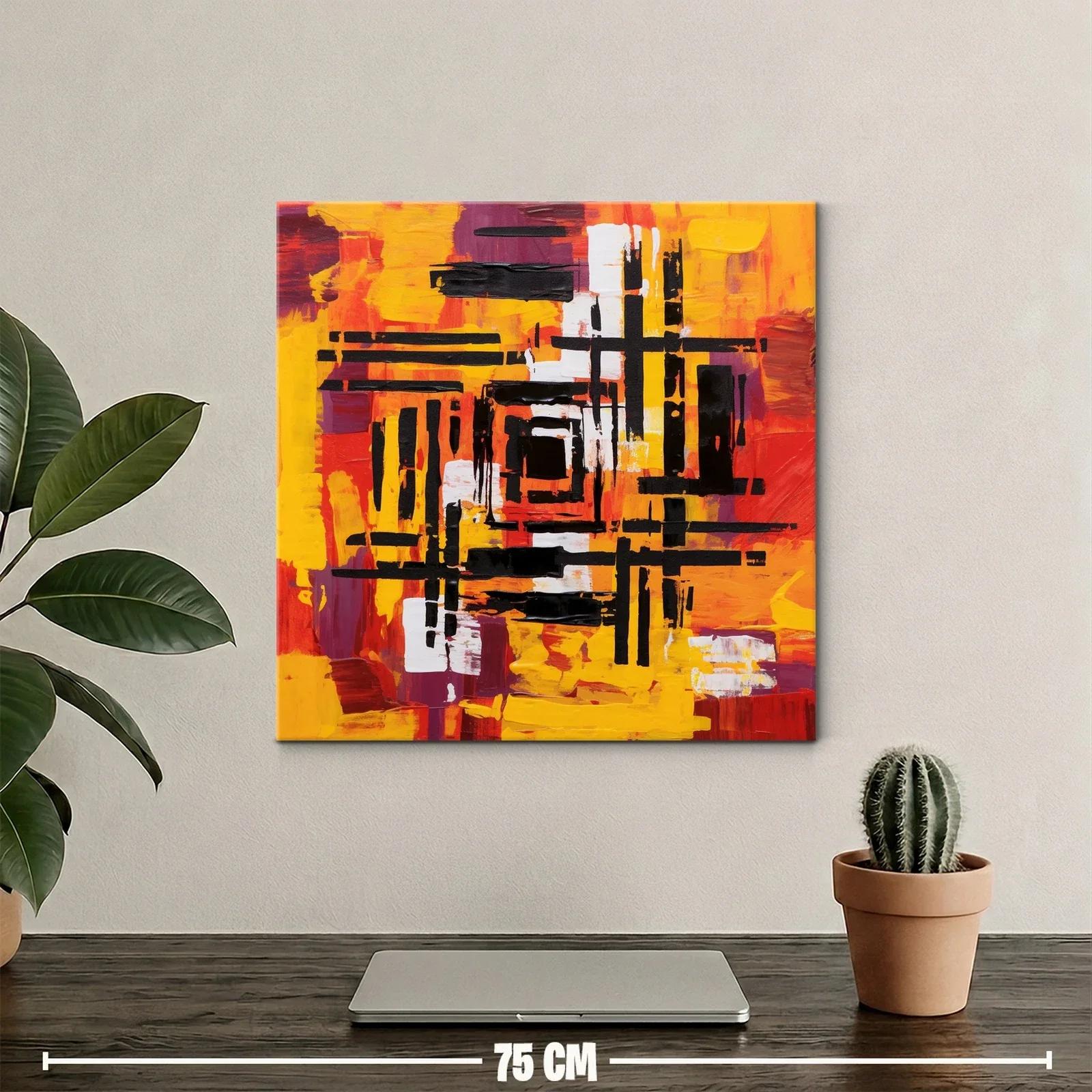 Cuadro abstracto con vibrantes tonos cálidos y motivos geométricos — miniatura 2