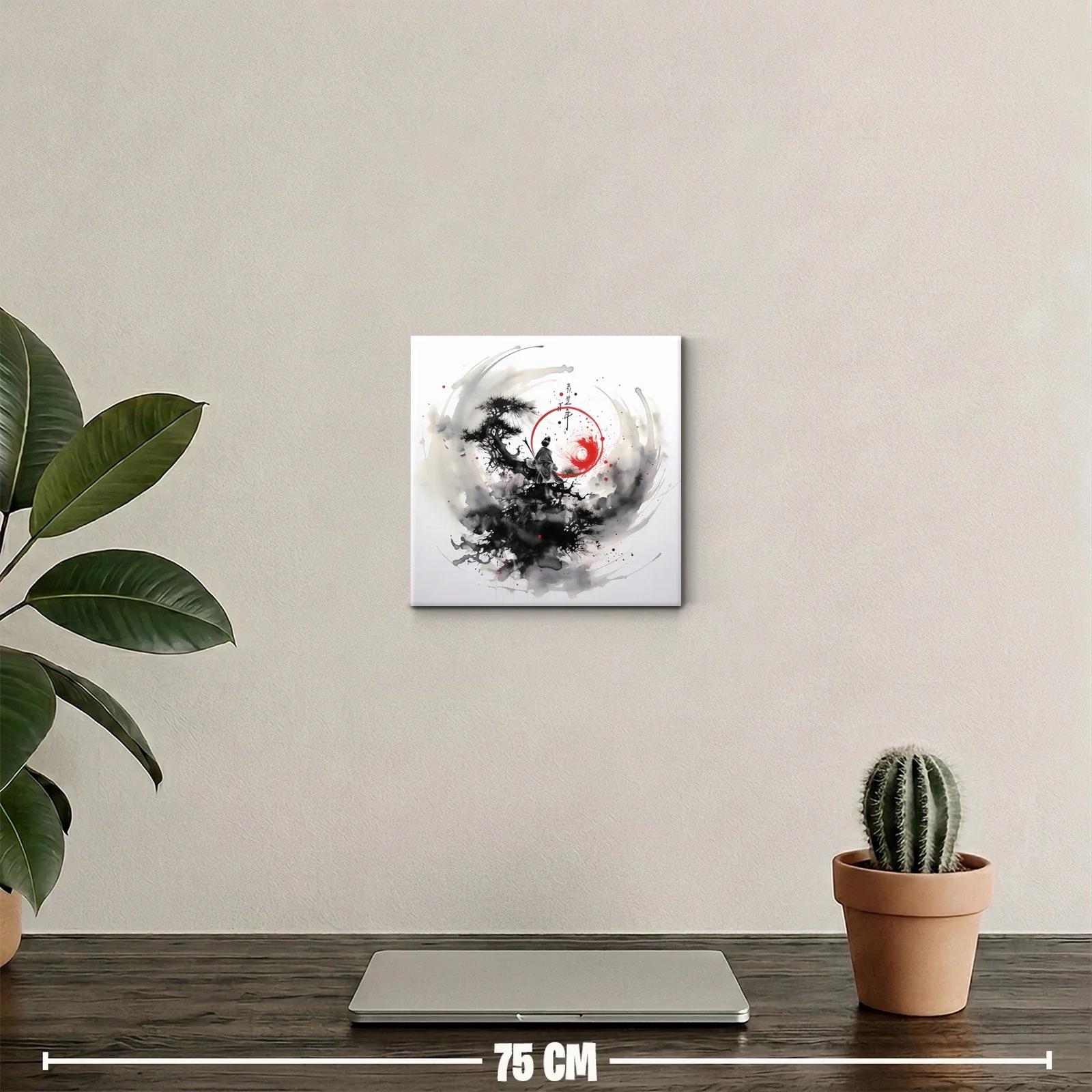 Cuadro oriental con samurái y círculo rojo dinámico — miniatura 2
