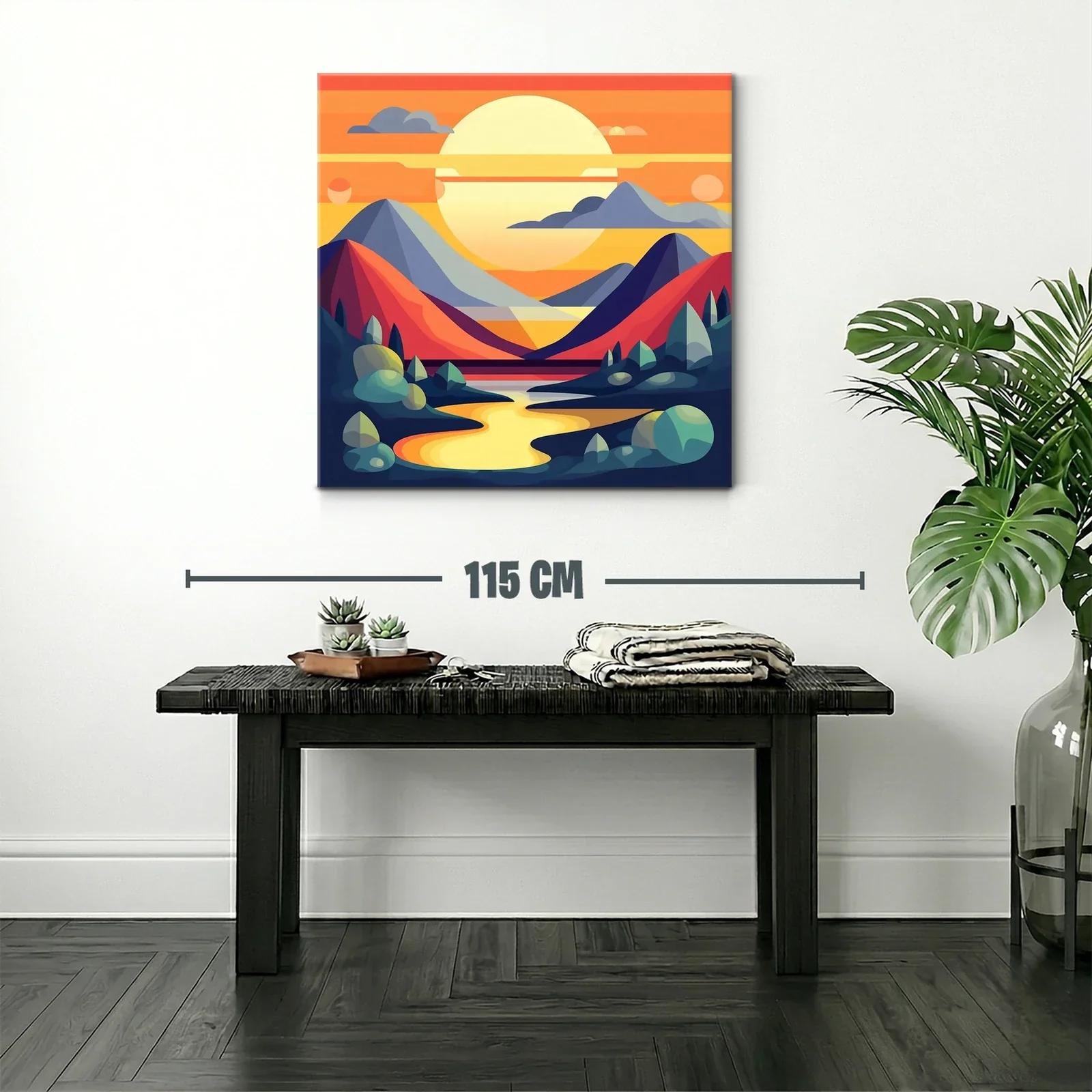 Paisaje abstracto con montañas y río al atardecer vibrante — miniatura 2